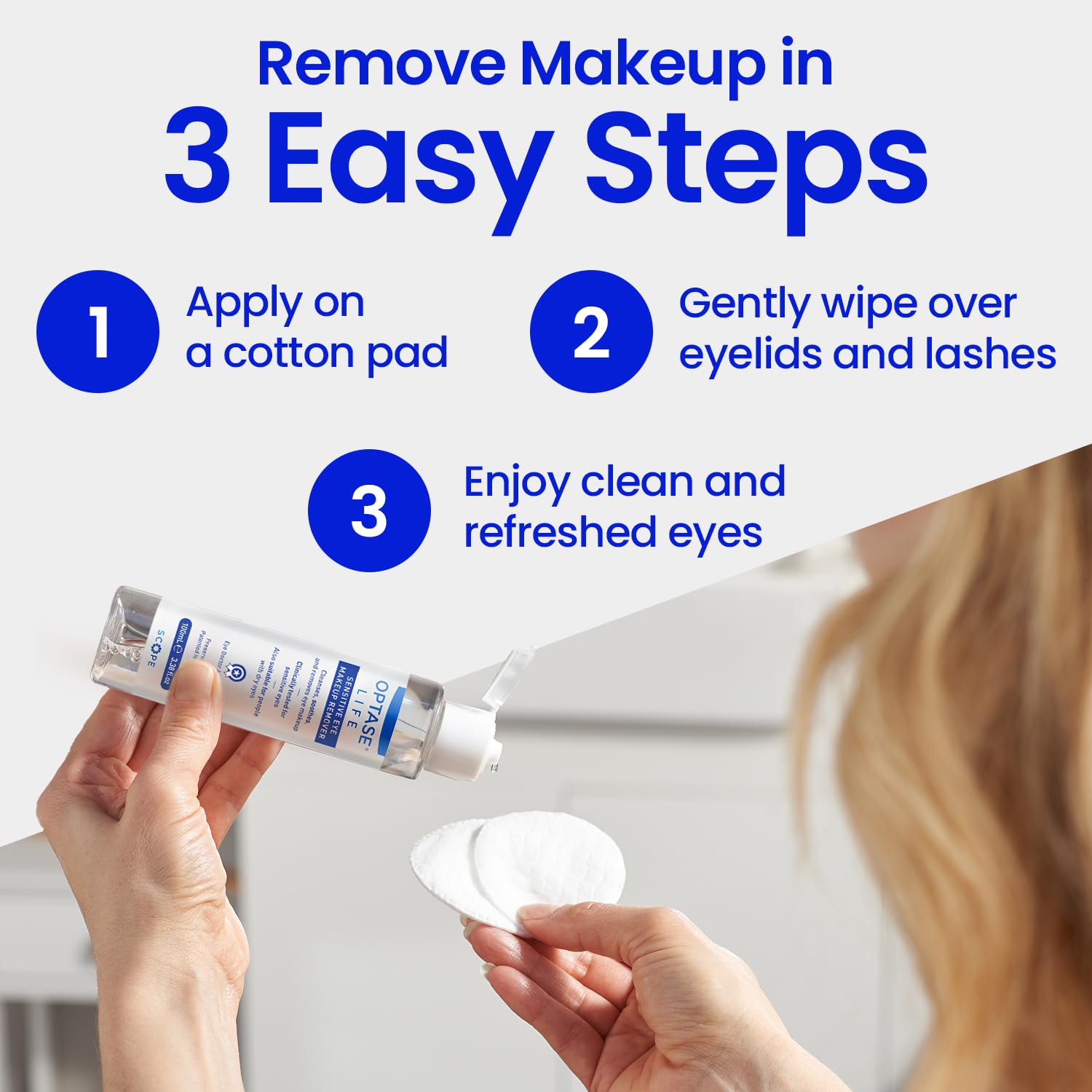 Optase Life gentle cleansing application shows easy cotton pad swipe for daily use.