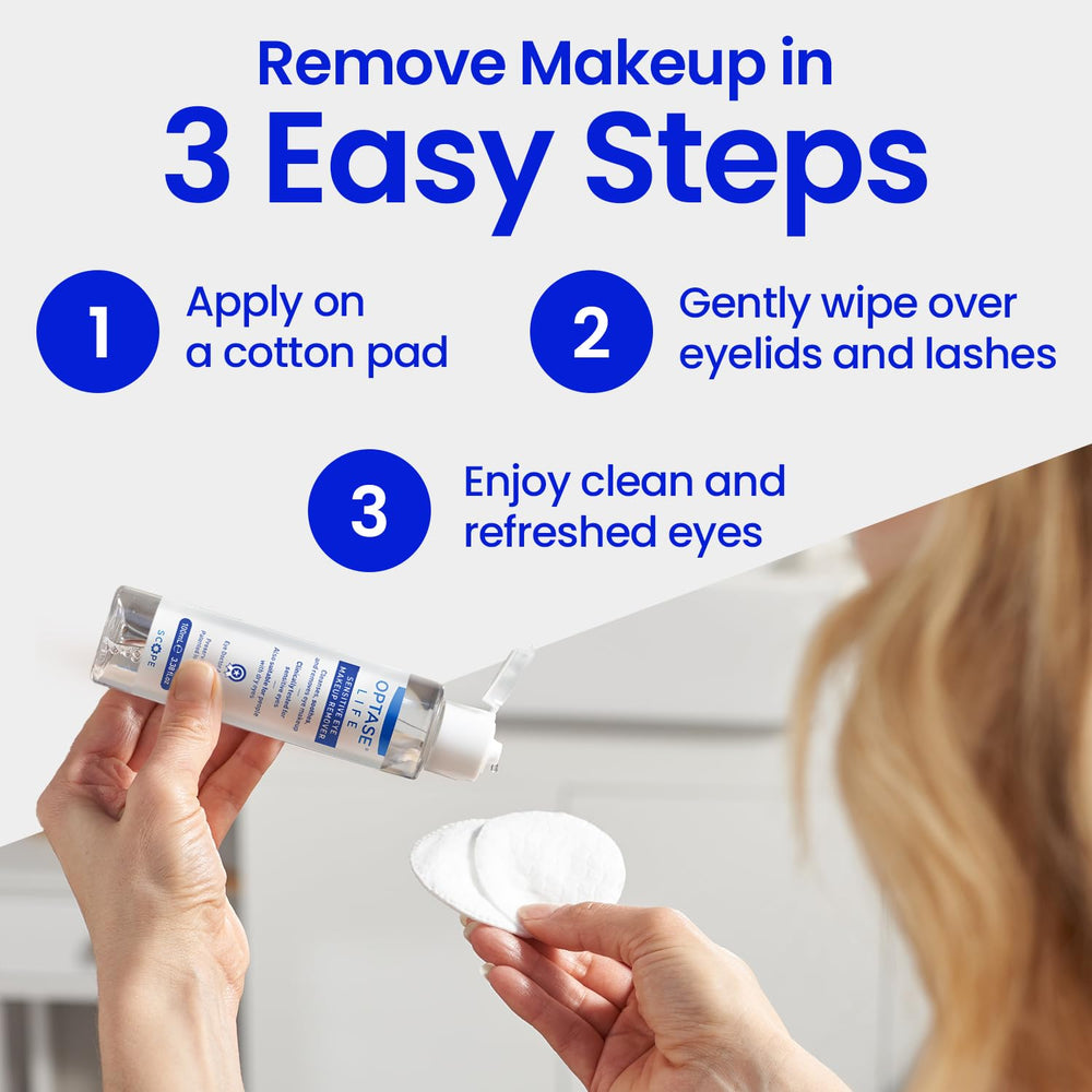 Optase Life gentle cleansing application shows easy cotton pad swipe for daily use.