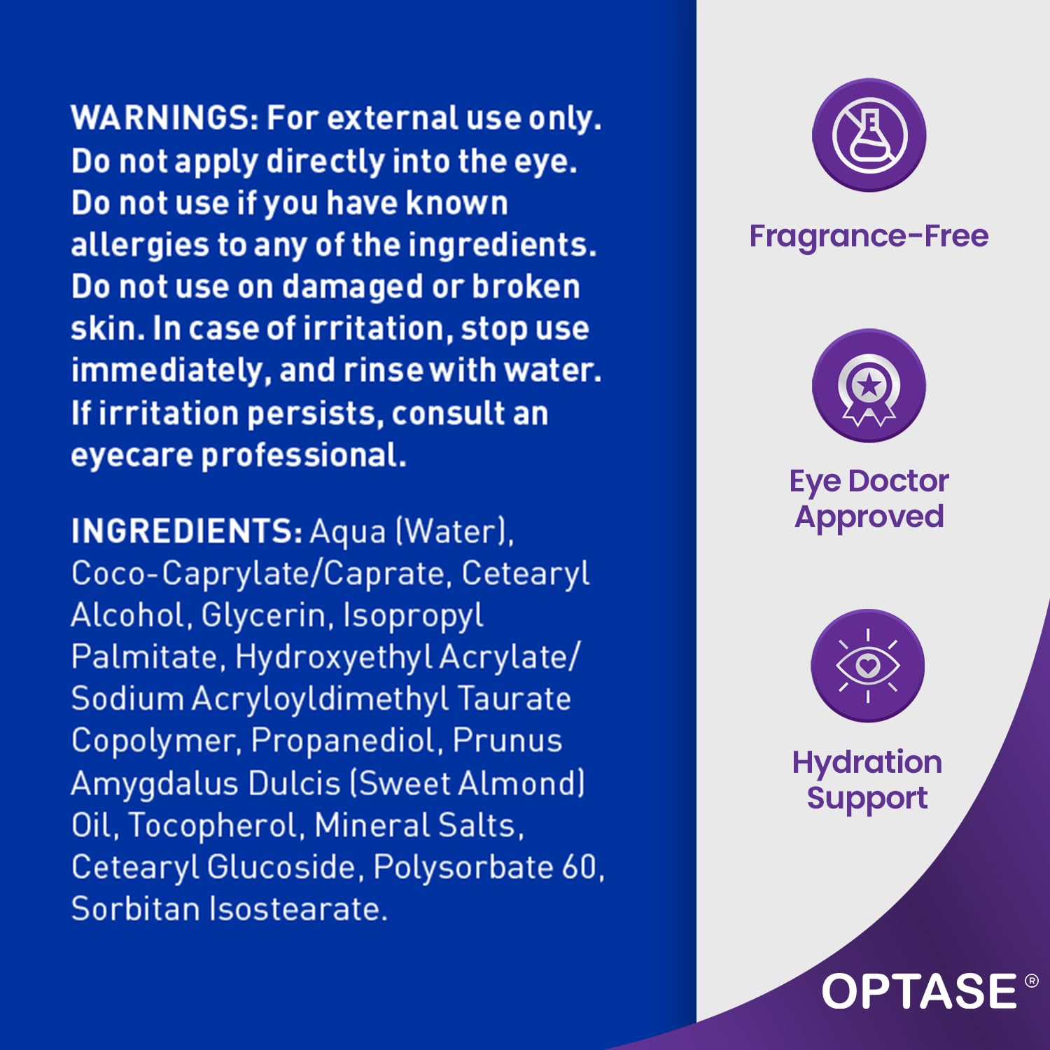 Optase LIFE vitamin E and glycerin ingredient close-up highlighting nourishing formula.