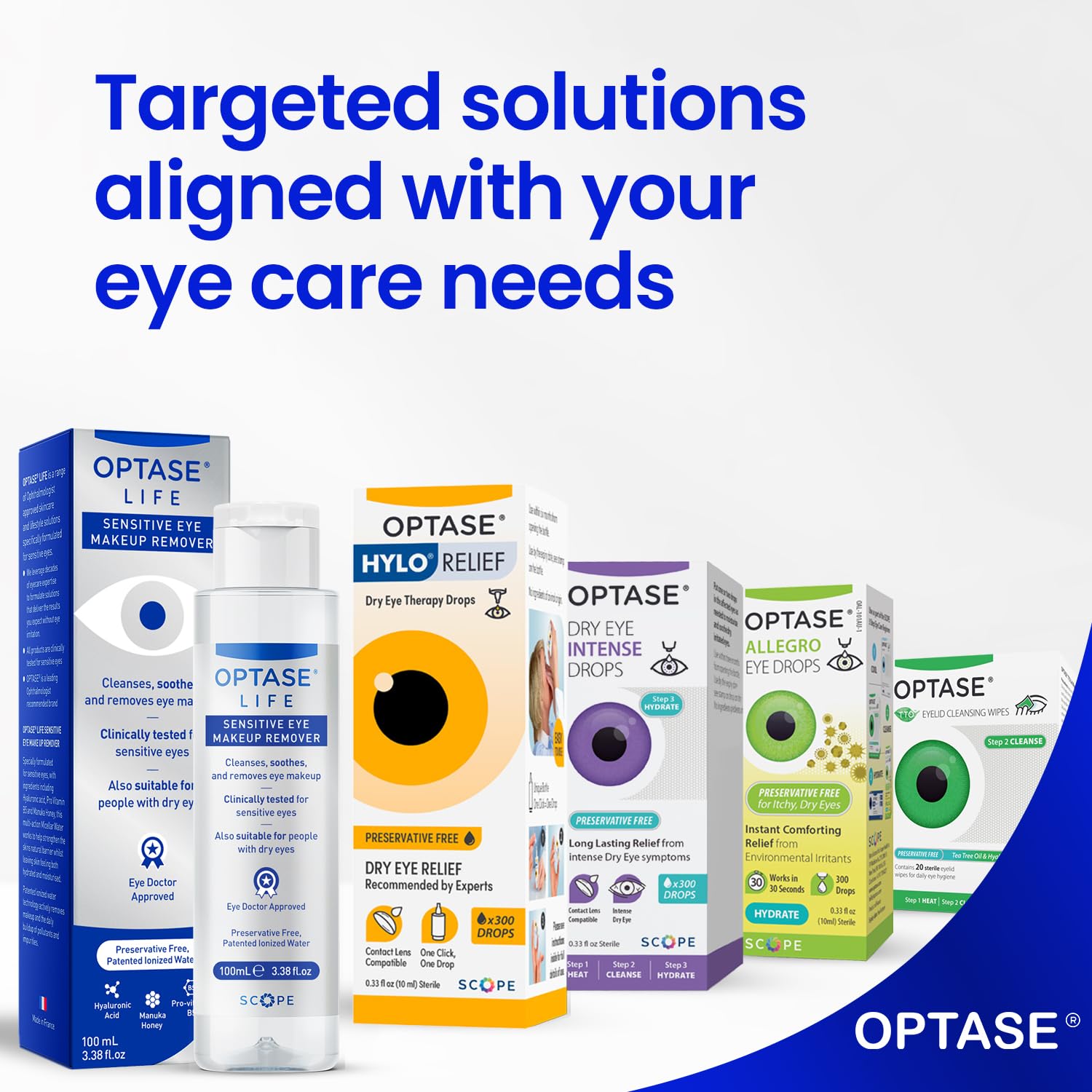Optase Life no-rinse removal visual conveys quick makeup wipe with no washing required.