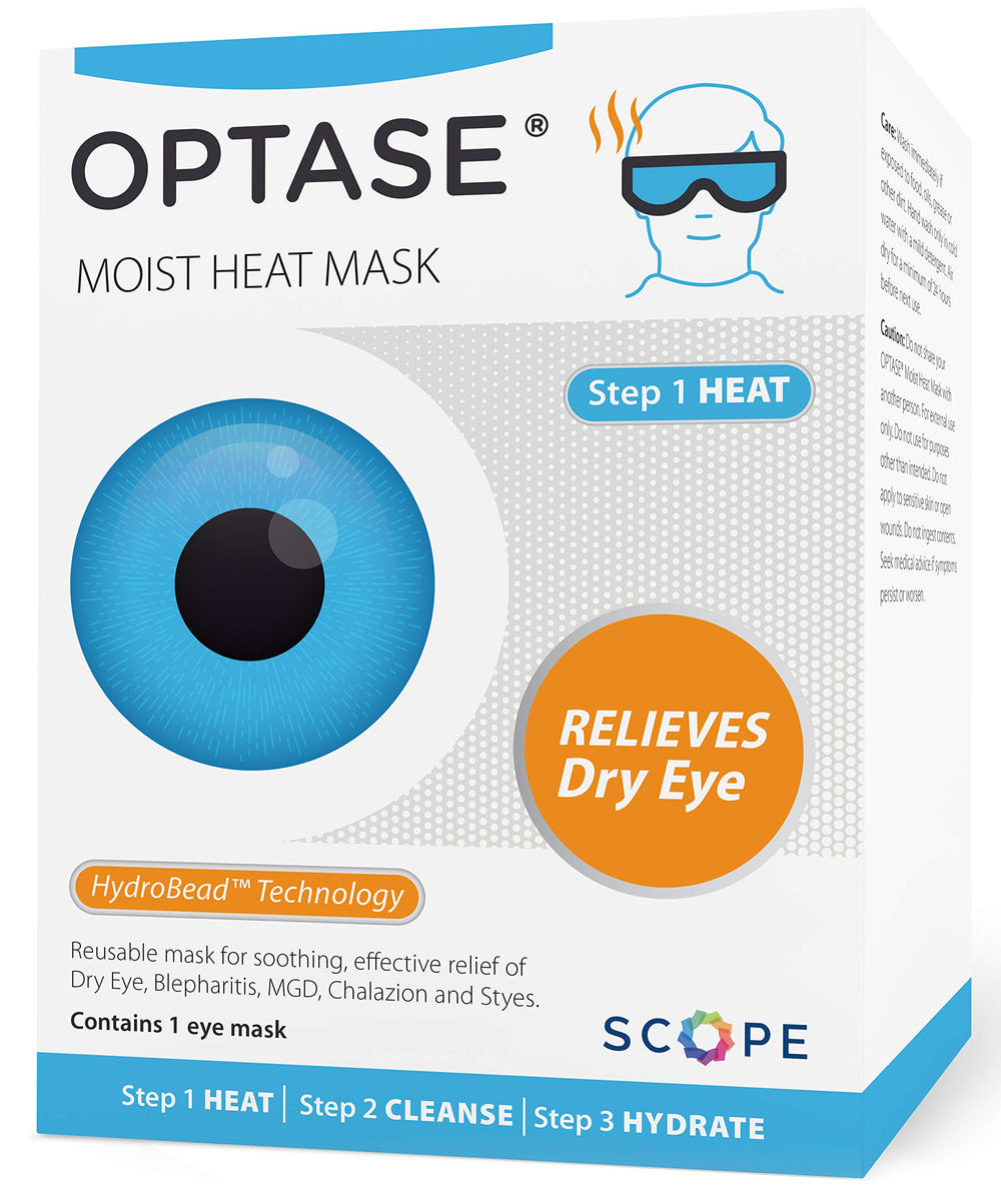 Optase Moist Heat Mask packaging highlights compact design for portable relief.