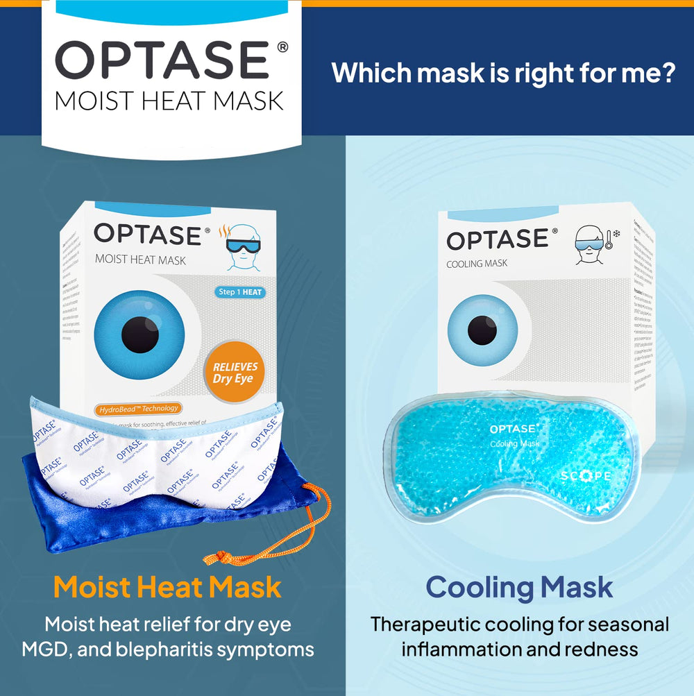 Optase Moist Heat Mask regimen pack highlights doctor-recommended three-step routine.