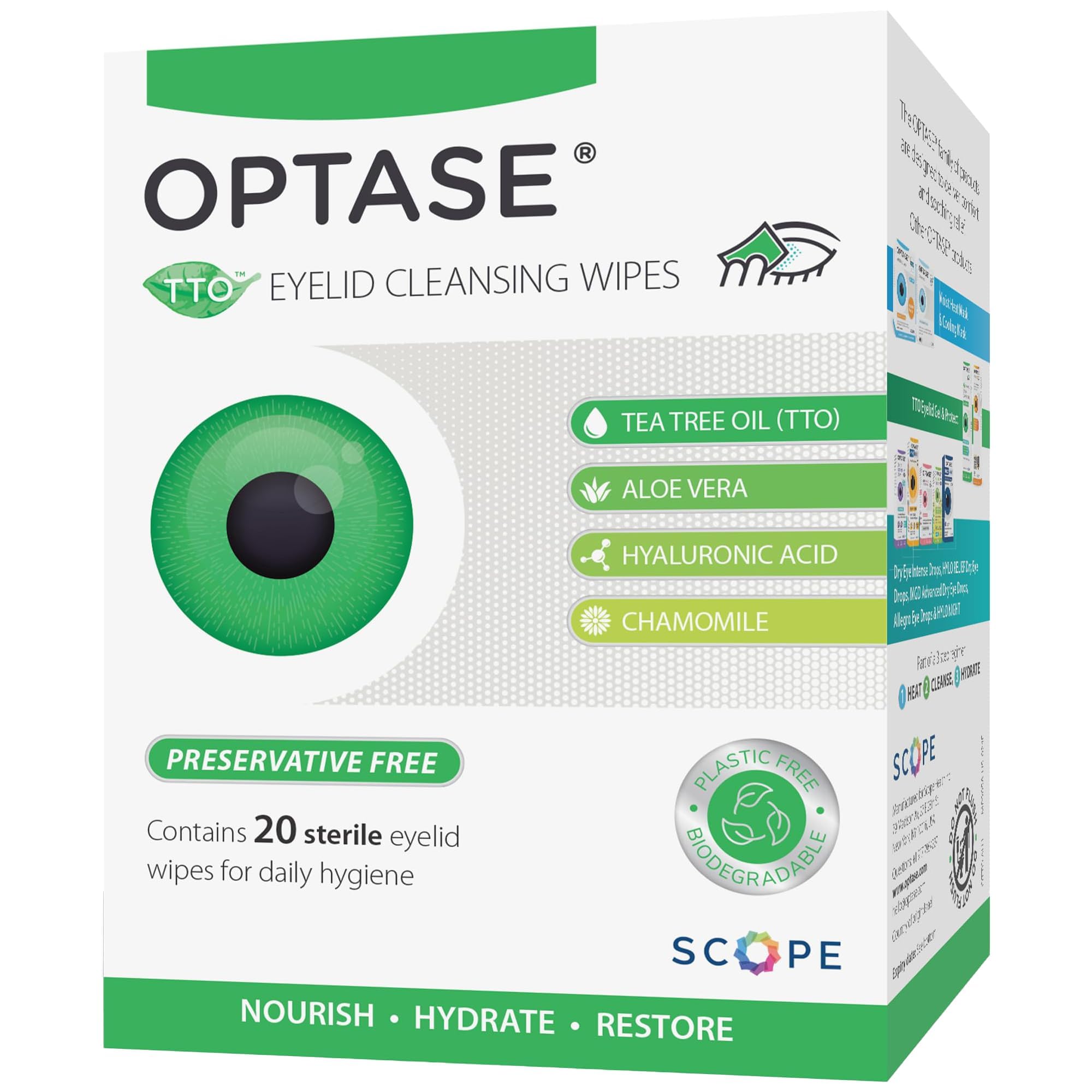 Optase TTO wipes tea tree oil pack for daily eyelid cleansing and refreshment.