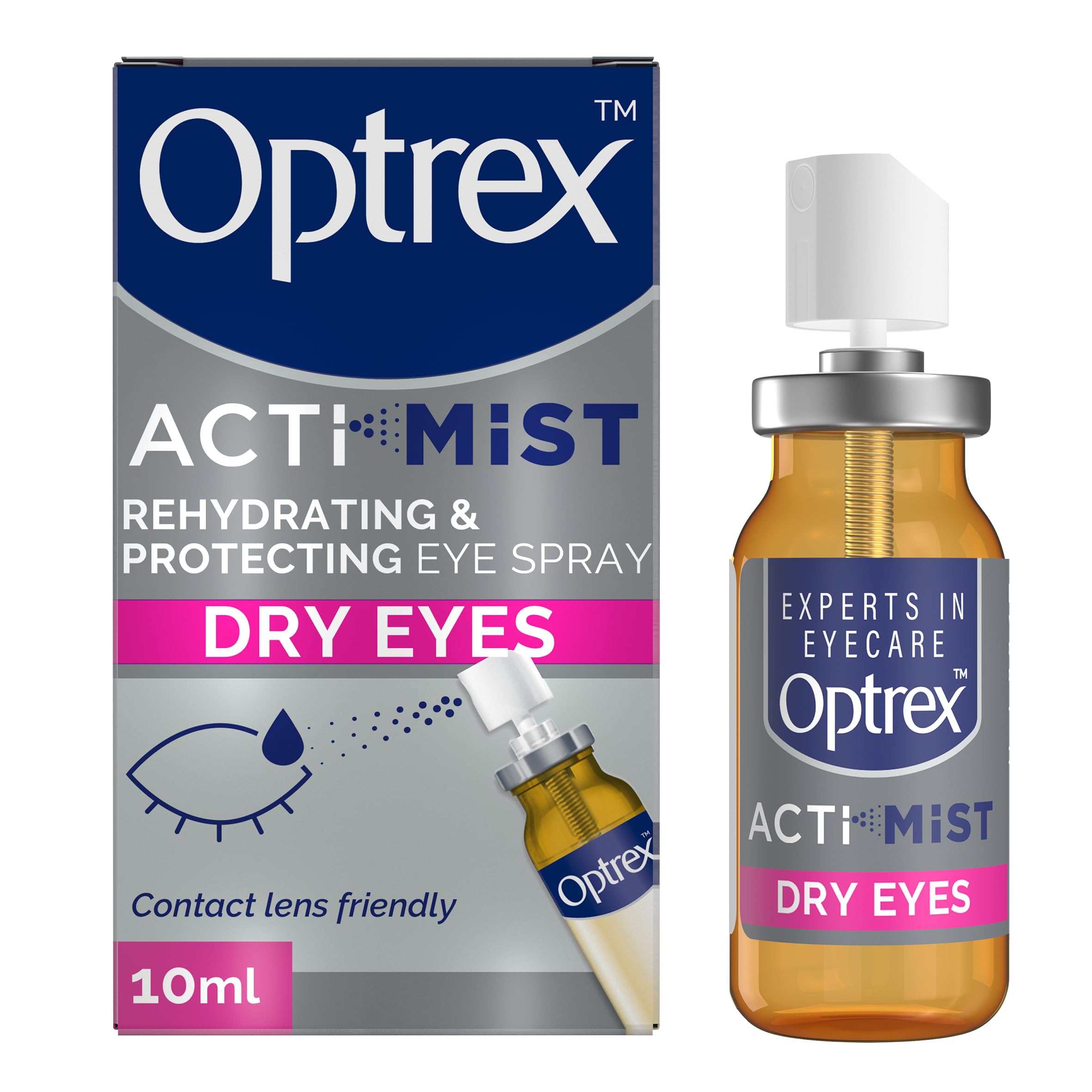 Optrex ActiMist bottle close-up showing easy-to-use spray for dry eye relief.