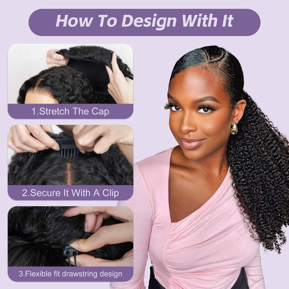 OQ Hair Afro Curly Half Wig closeup on glueless cap for quick, comfortable wear