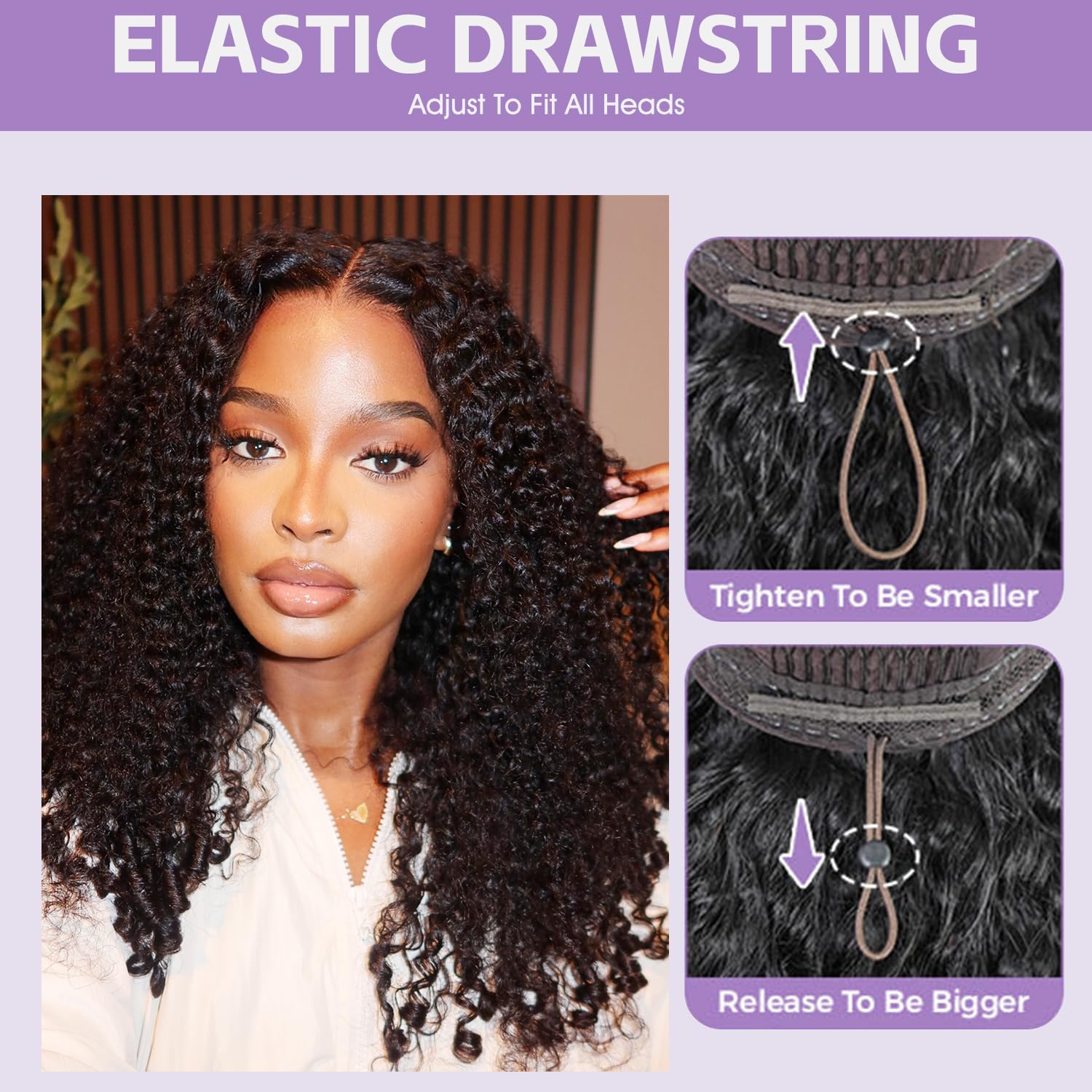 OQ Hair Burmese Curly Glueless Wig drawstring closure for secure fit in minutes.