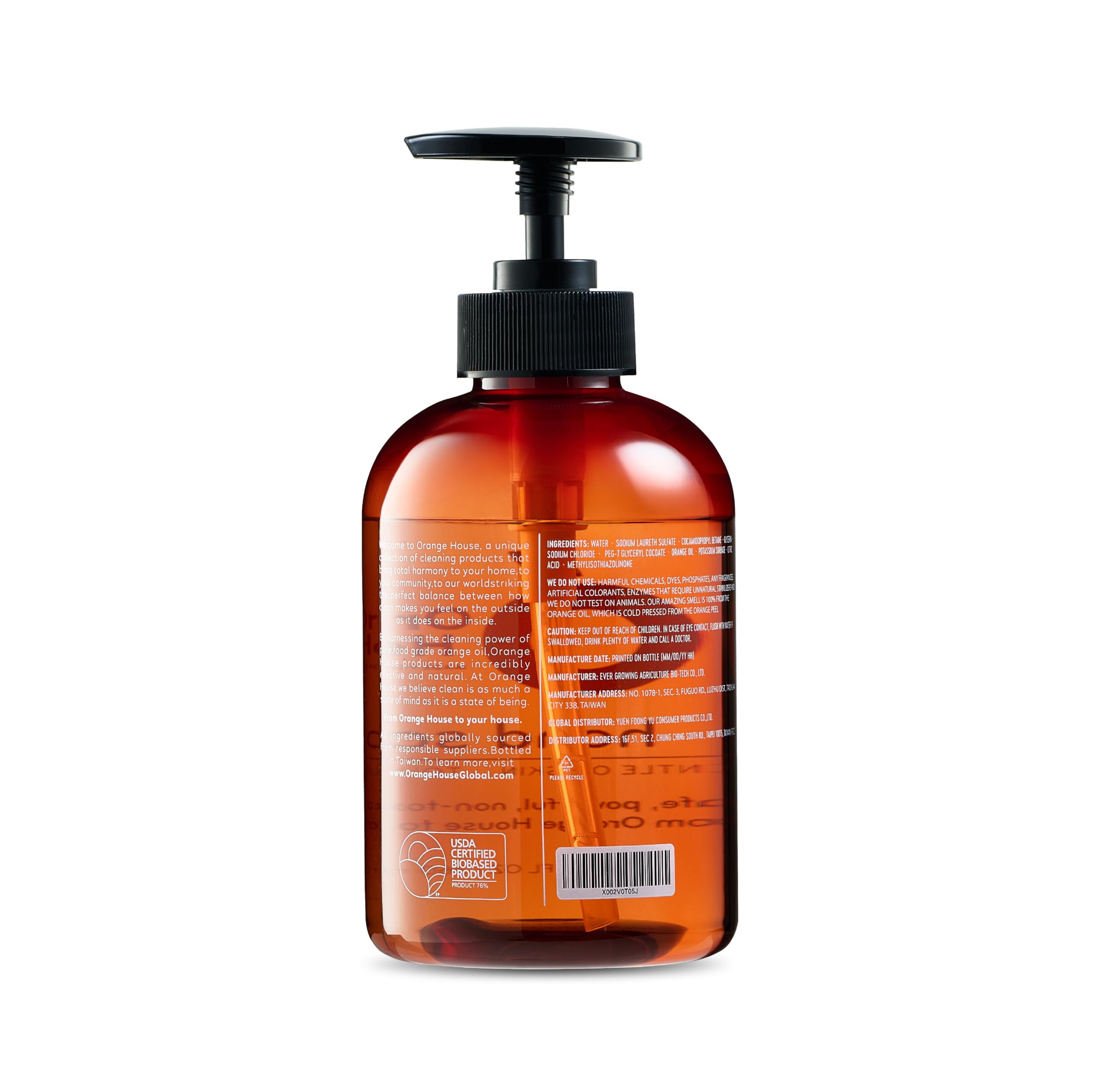 Orange House hand soap label view highlights cruelty-free, moisturizing formula.