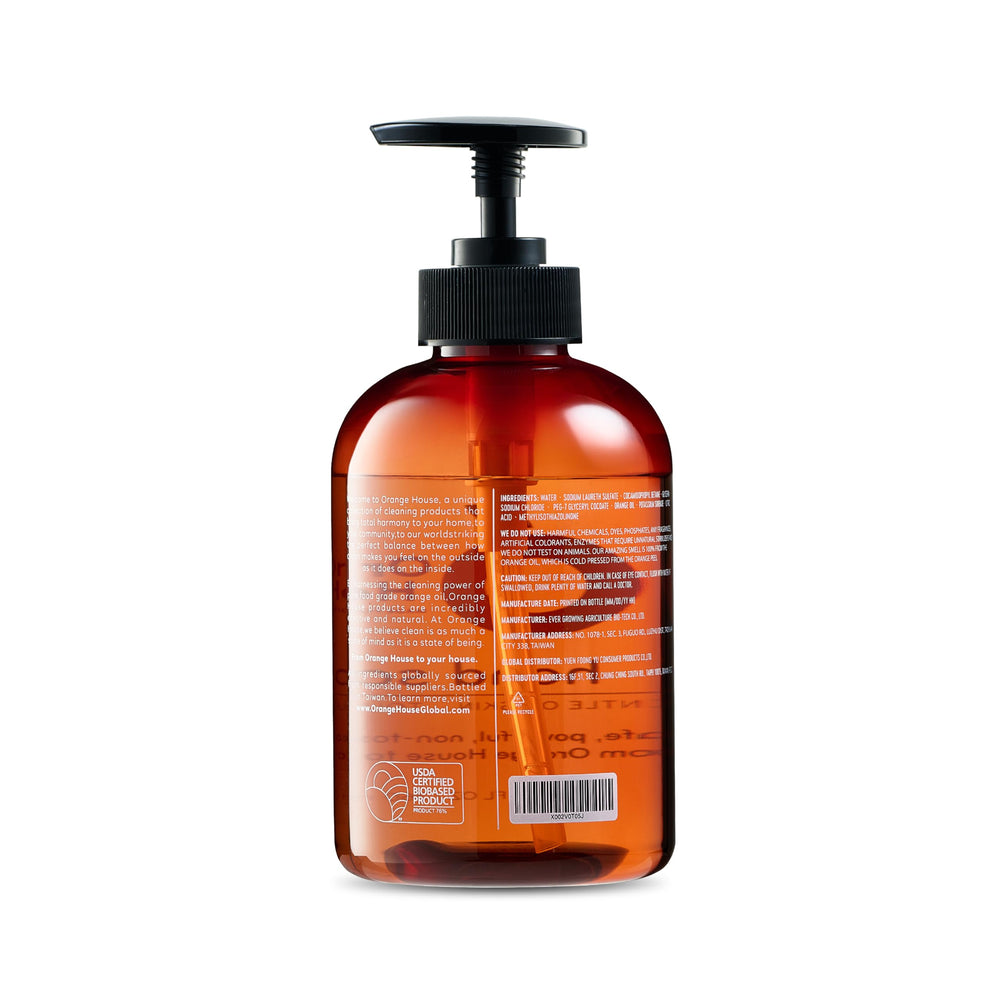 Orange House hand soap label view highlights cruelty-free, moisturizing formula.