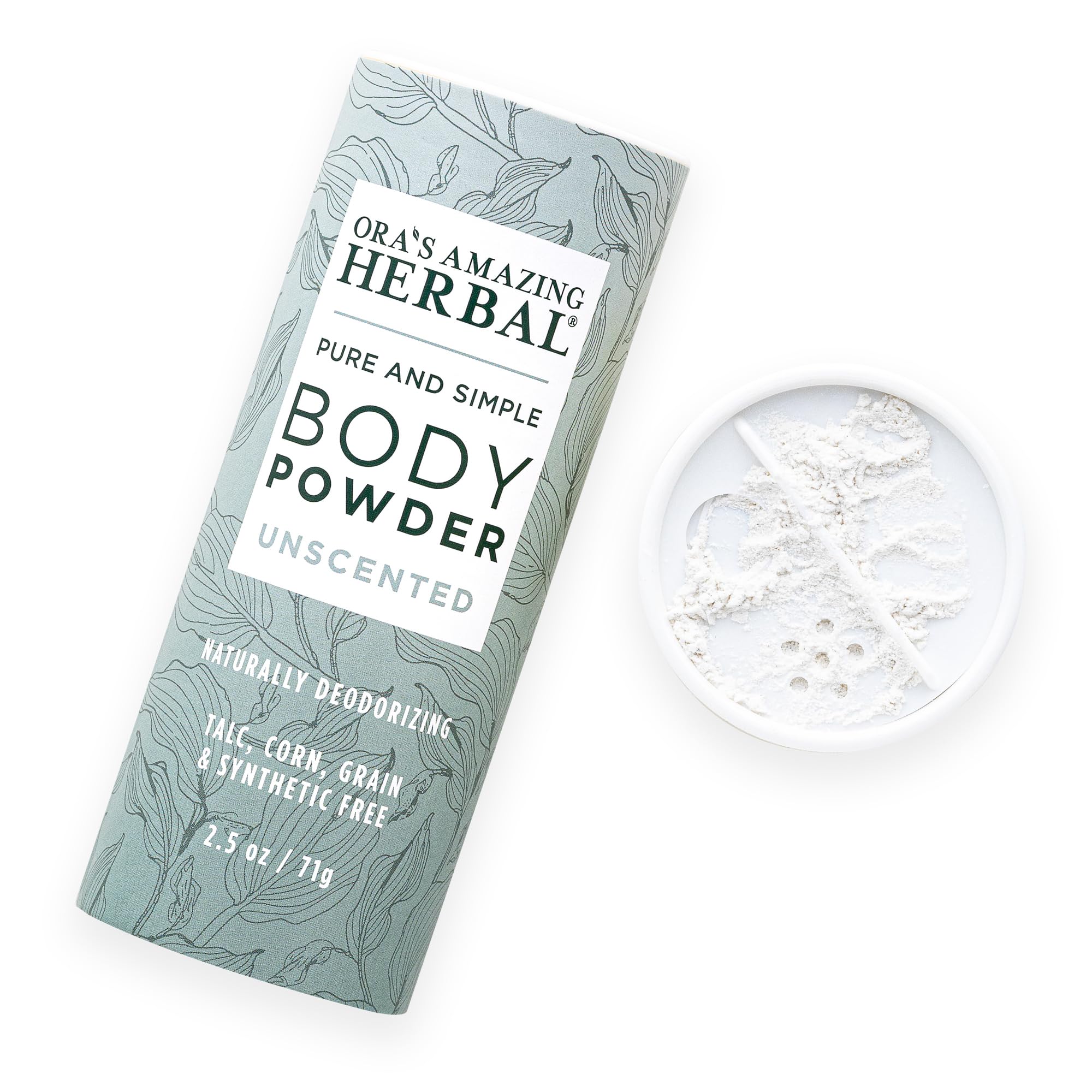 Ora's Amazing Herbal fragrance-free powder bottle shows fragrance-free formula for sensitive skin