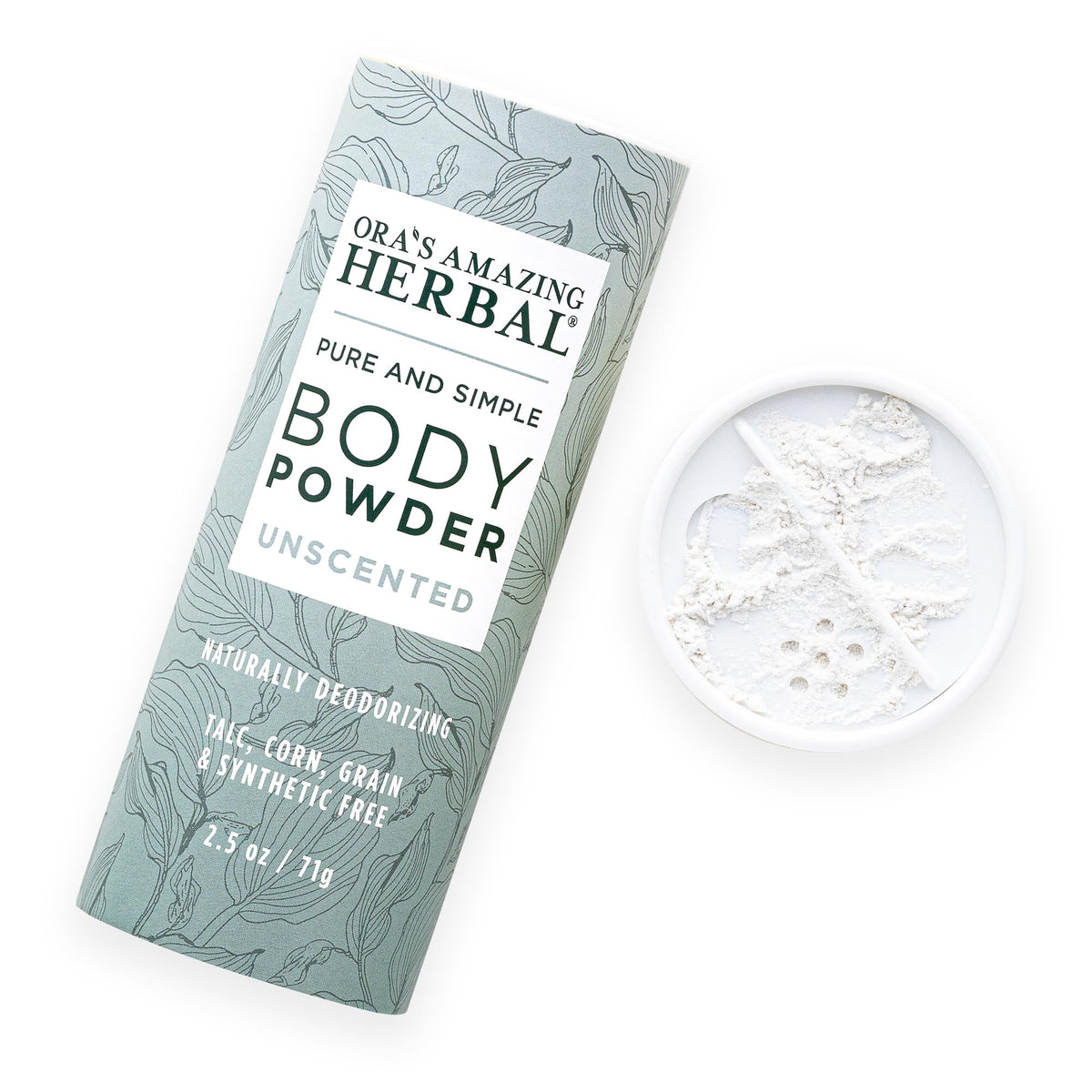 Ora's Amazing Herbal fragrance-free powder bottle shows fragrance-free formula for sensitive skin