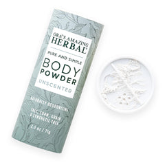 Ora's Amazing Herbal fragrance-free powder bottle shows fragrance-free formula for sensitive skin