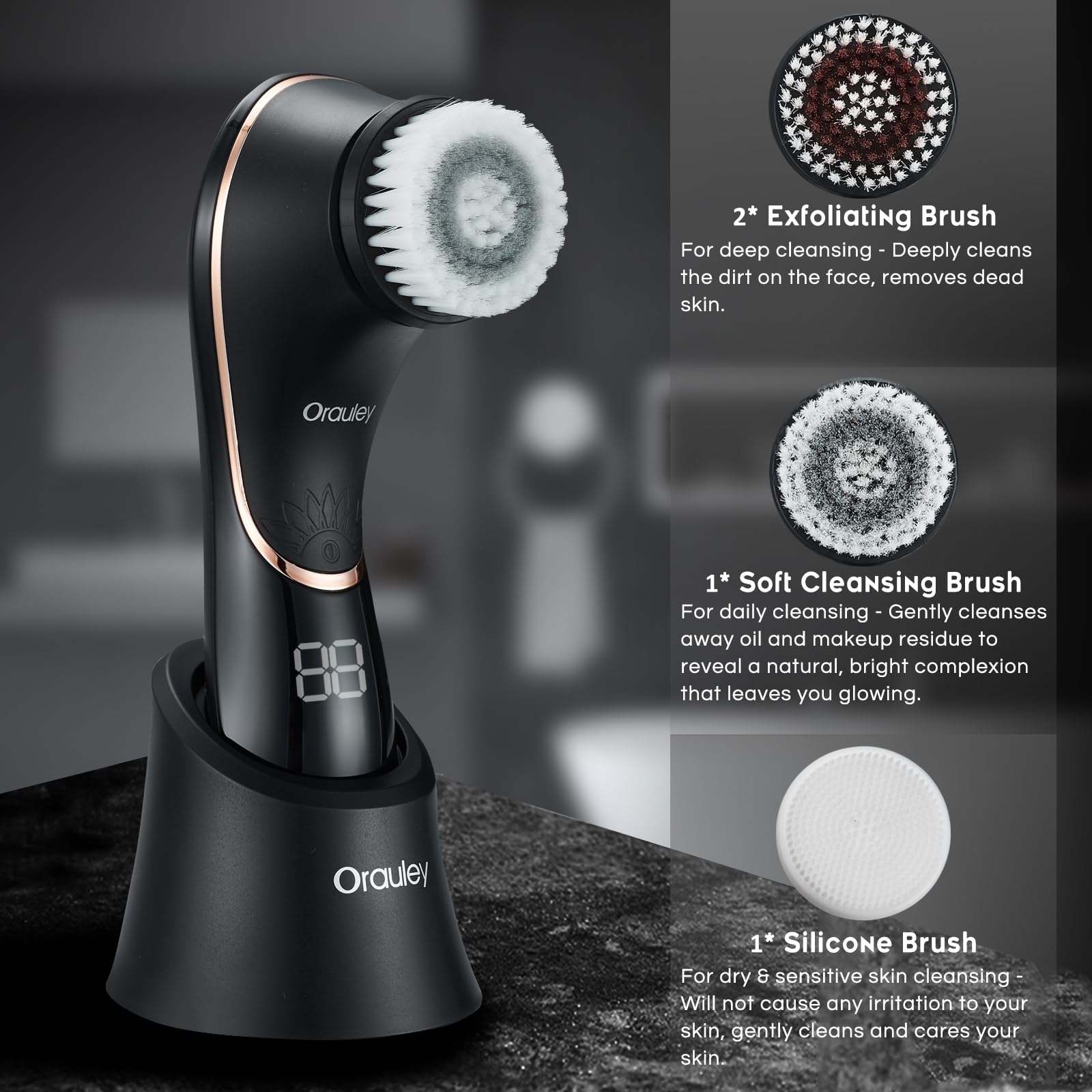 Orauley facial cleansing brush IPX7 waterproof for shower safe cleansing.