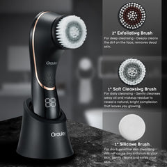 Orauley facial cleansing brush IPX7 waterproof for shower safe cleansing.