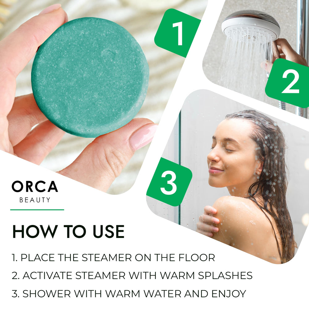 Orca Beauty shower steamers activate in seconds with warm water splash.