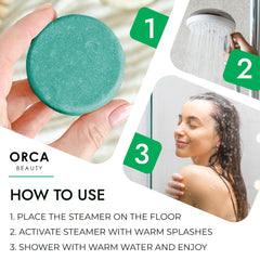 Orca Beauty shower steamers activate in seconds with warm water splash.