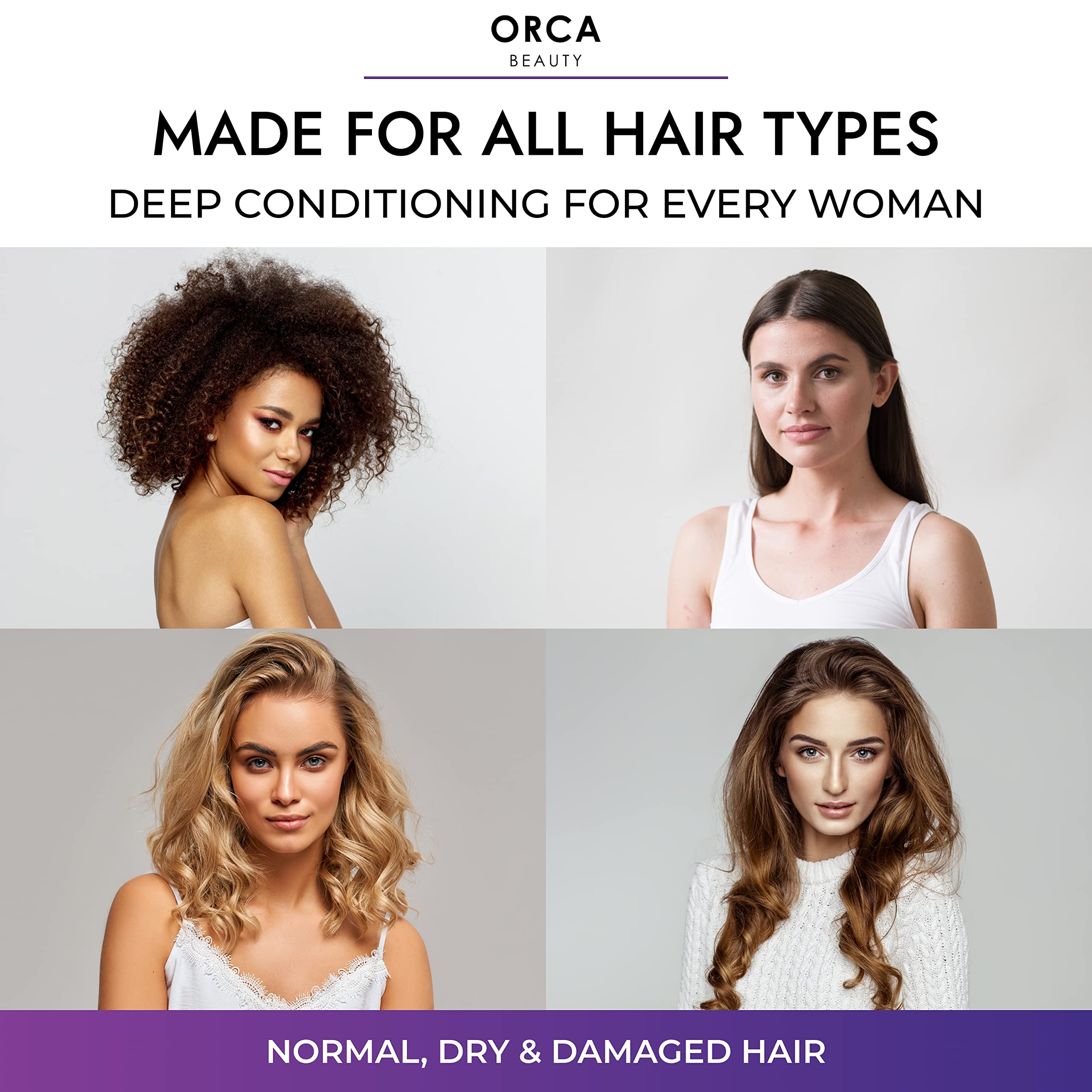 Orca Beauty packaging showing safe-for-all-hair-types formula