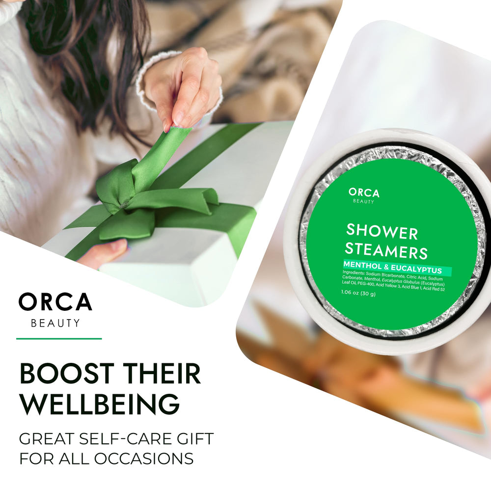 Orca Beauty gift-ready shower steamers ideal for self-care gifts.
