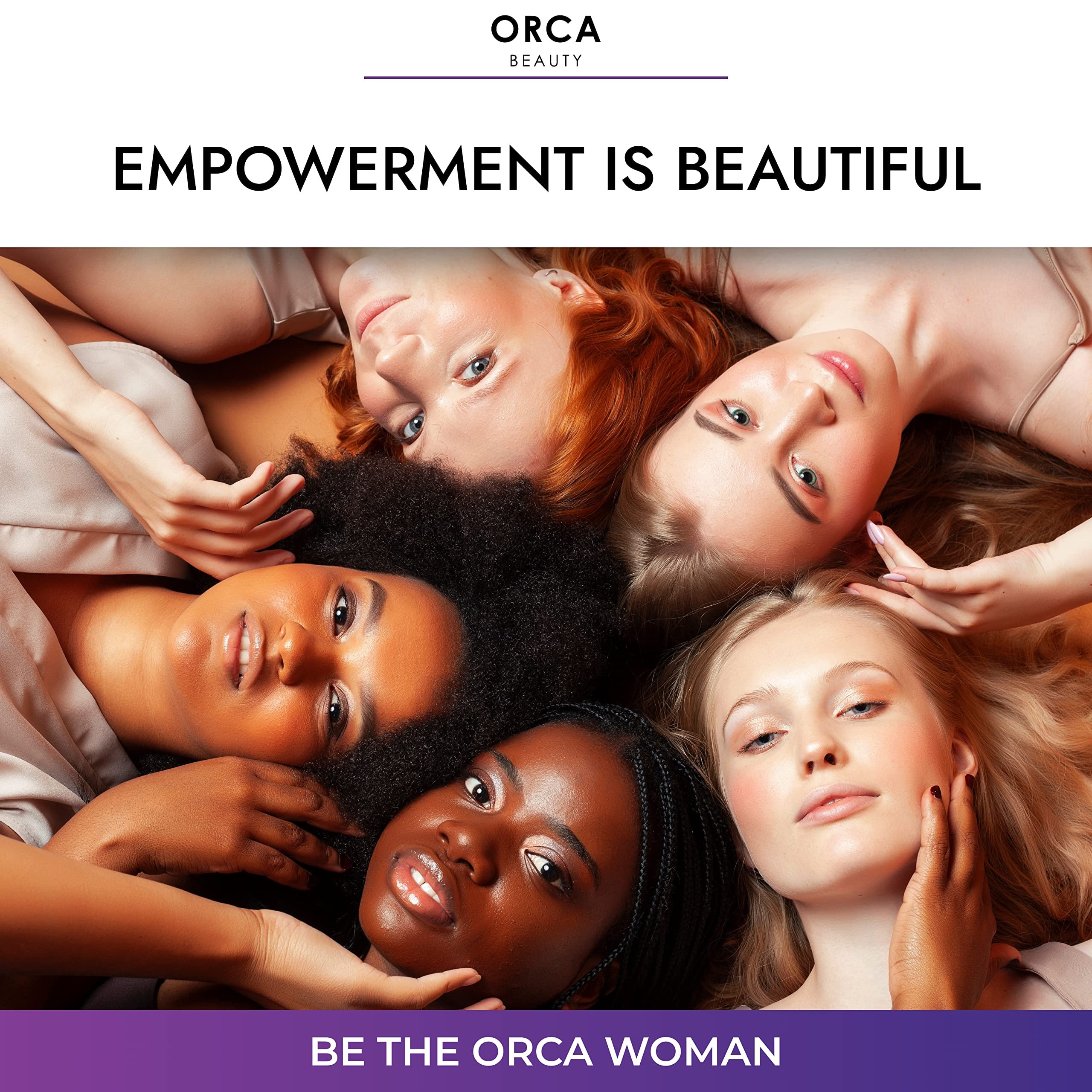 Orca Beauty bottle beside glossy, healthy-looking hair display