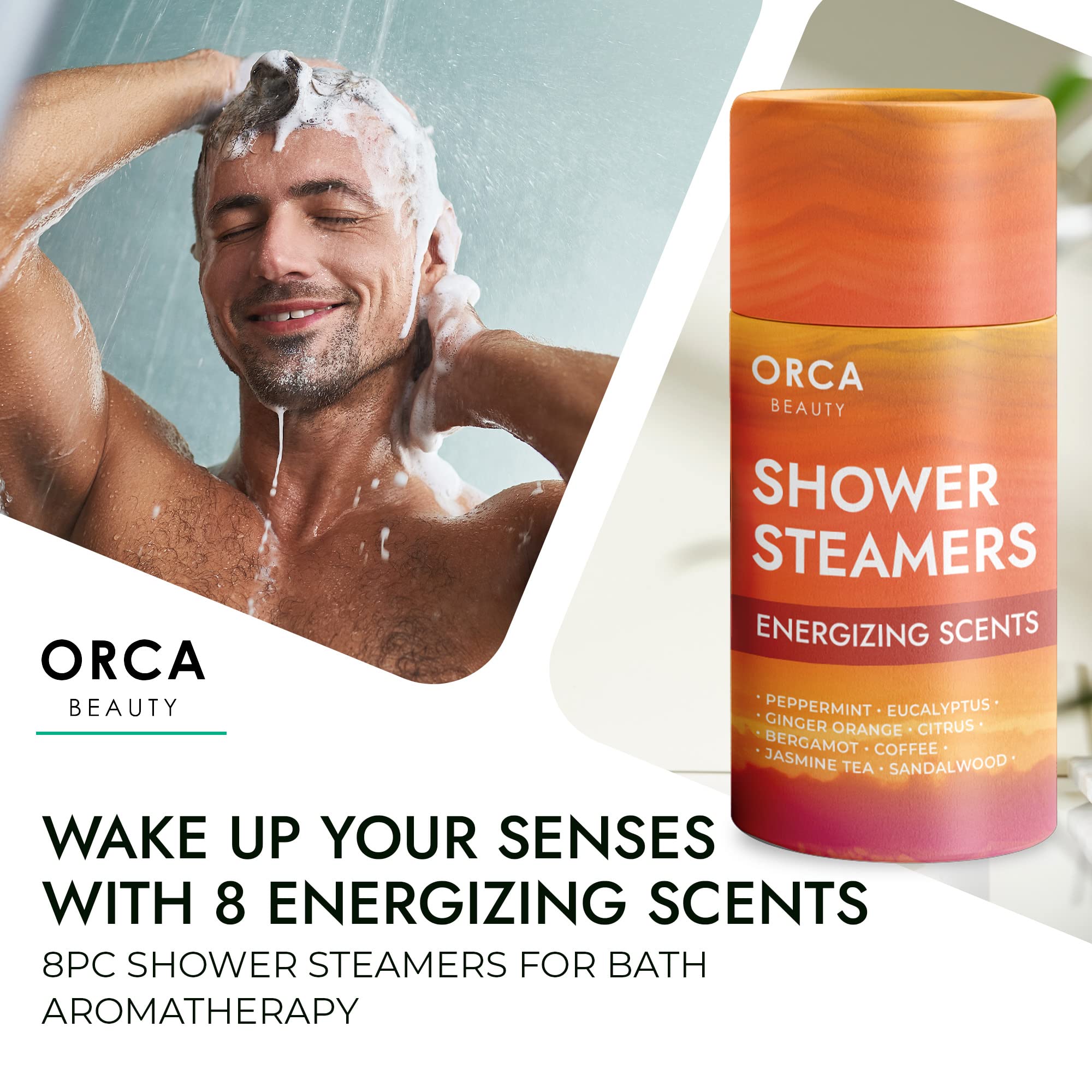 Orca Beauty Bergamot shower steamer resting in a gift box, uplifting mood with citrus notes.