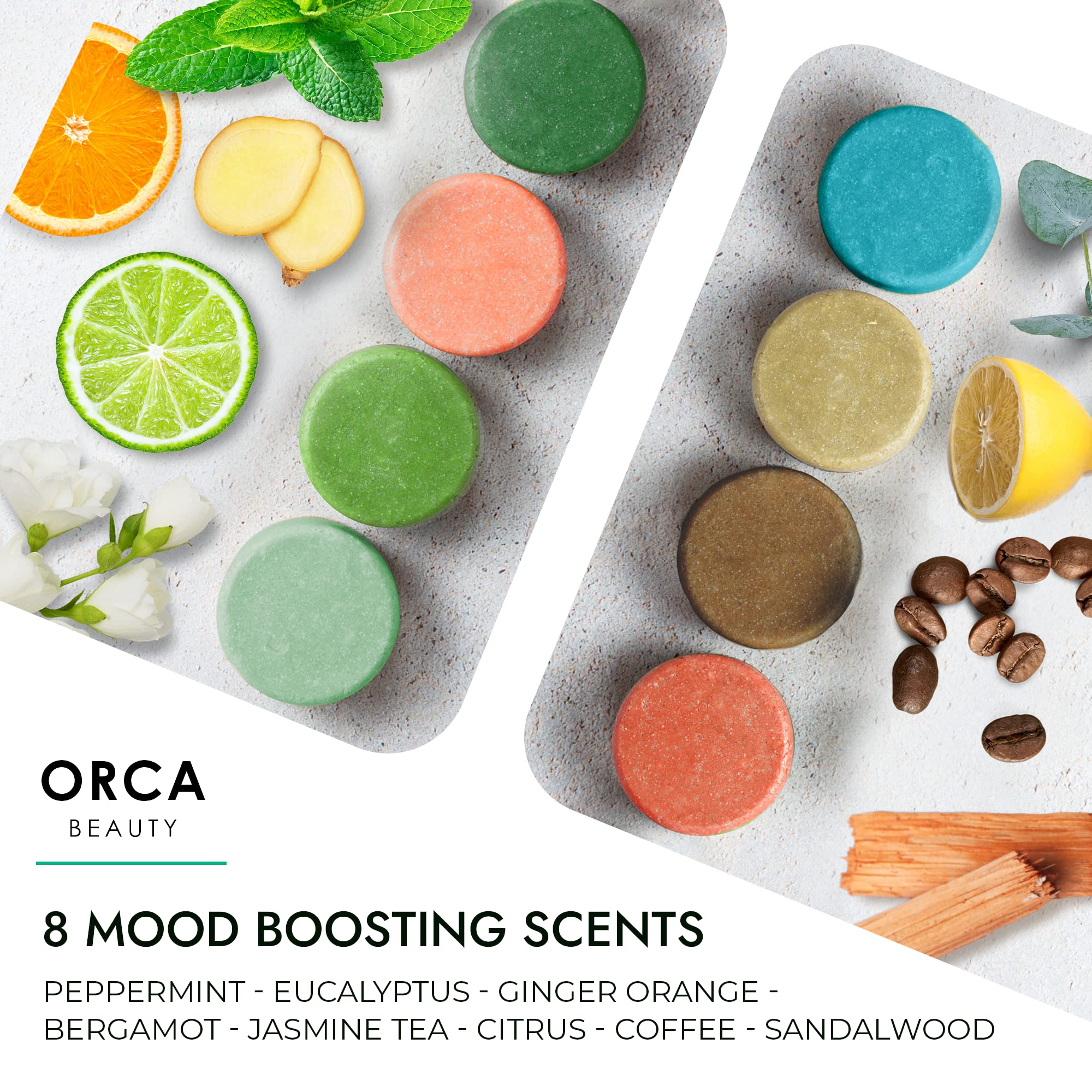 Orca Beauty Sandalwood steamers releasing tranquil scent during shower for spa-like unwind.