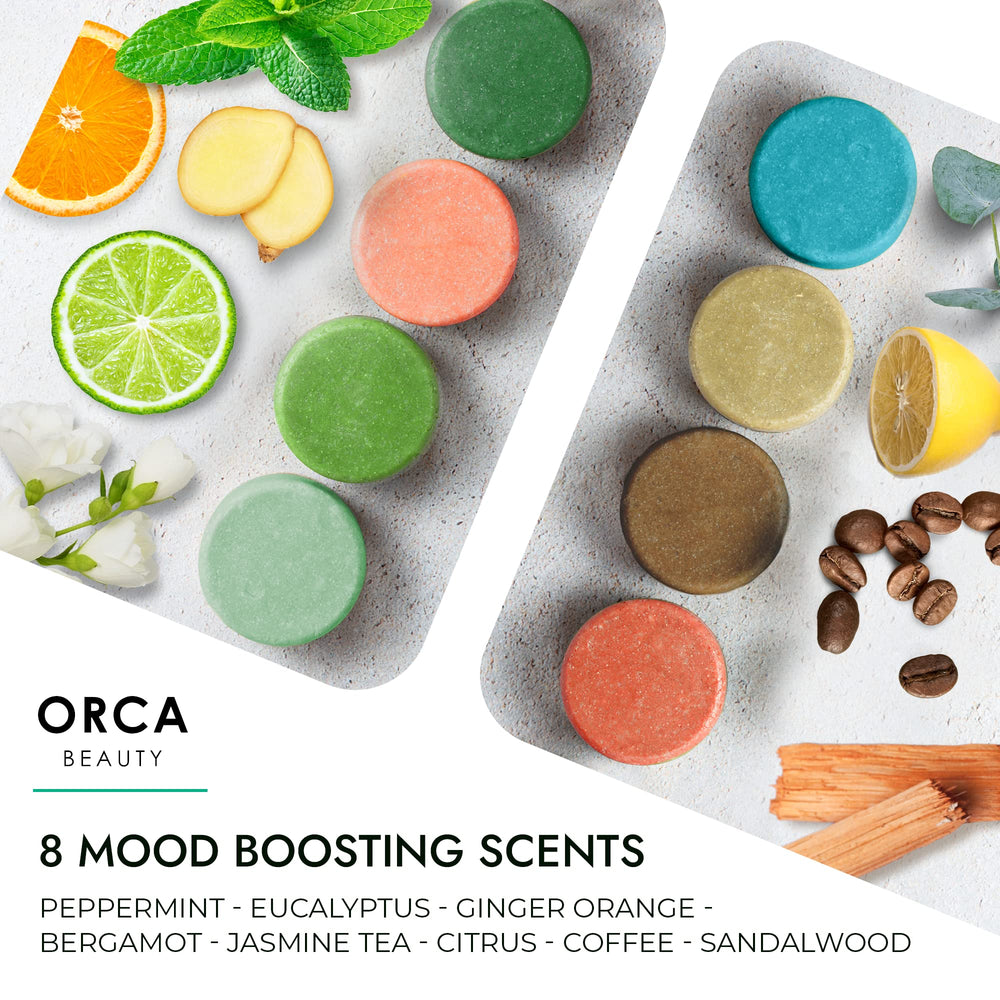 Orca Beauty Sandalwood steamers releasing tranquil scent during shower for spa-like unwind.