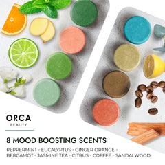 Orca Beauty Sandalwood steamers releasing tranquil scent during shower for spa-like unwind.