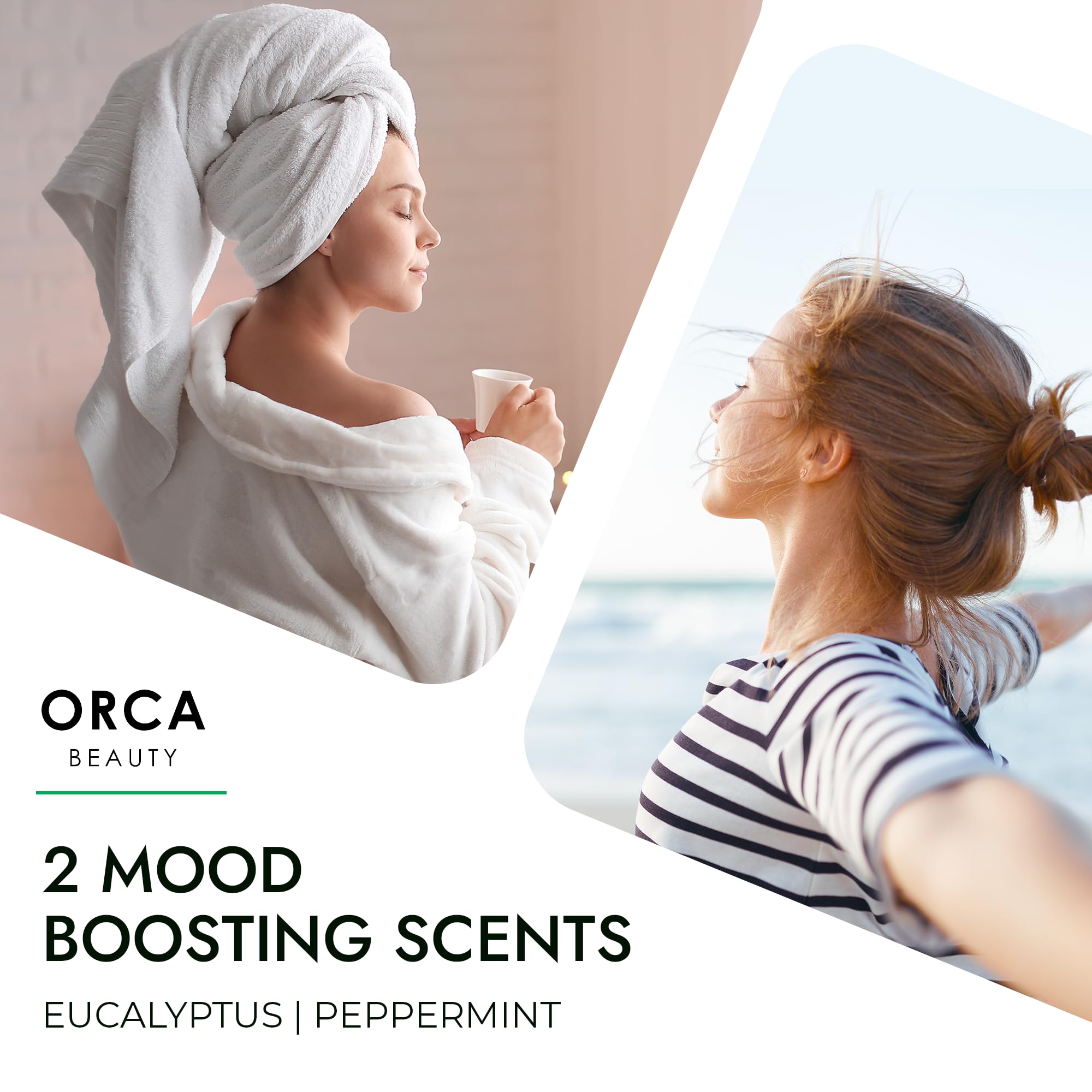 Orca Beauty shower steamers misting in bathroom for refreshing mornings.
