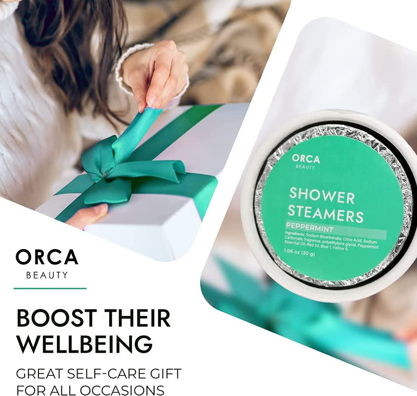 Orca Beauty peppermint eucalyptus shower steamers create spa-like aromatherapy in your bathroom