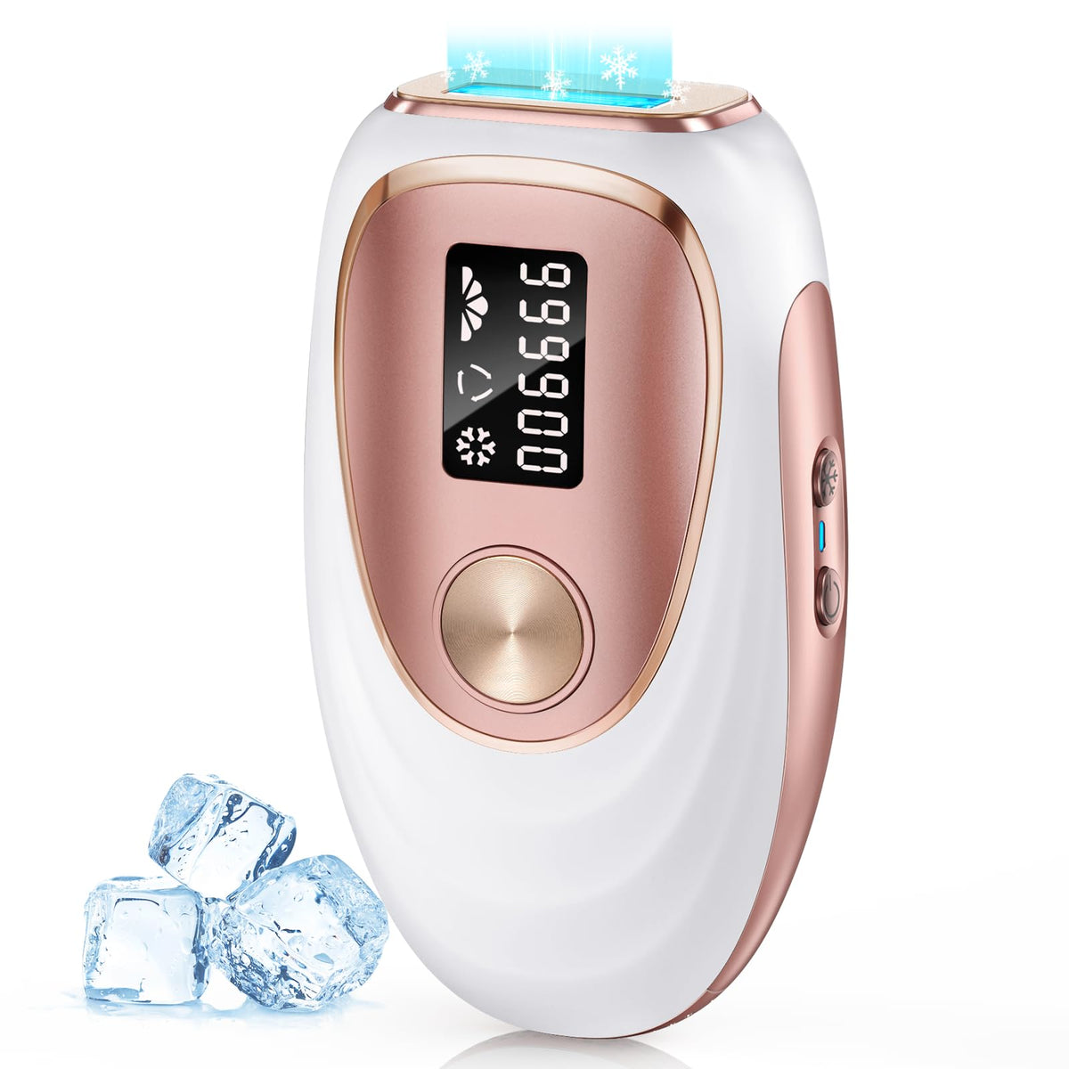 Oreeth IPL device front view in rose gold showing compact at-home hair removal convenience.