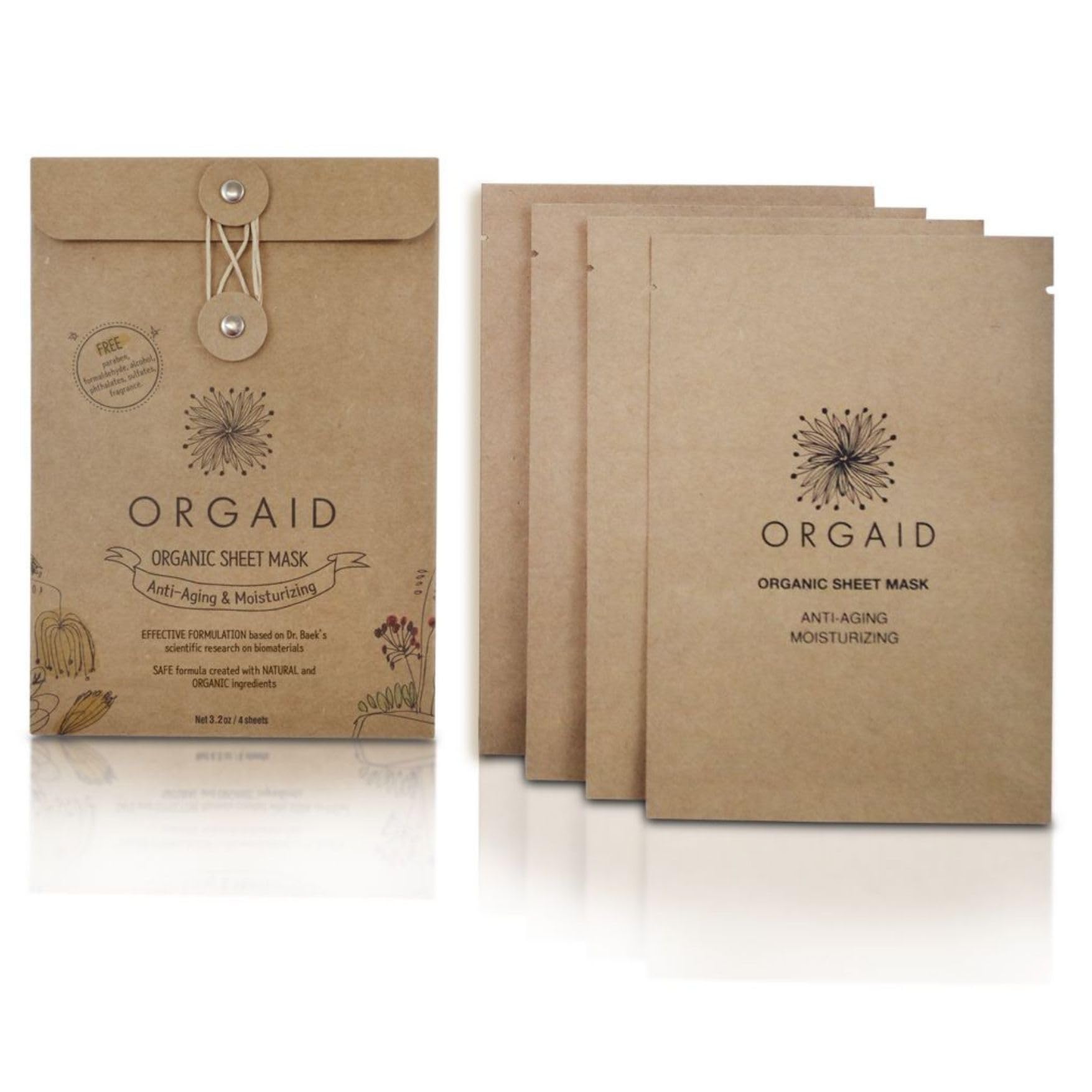 ORGAID Sheet Mask ingredients reveal hyaluronic acid for deep hydration.