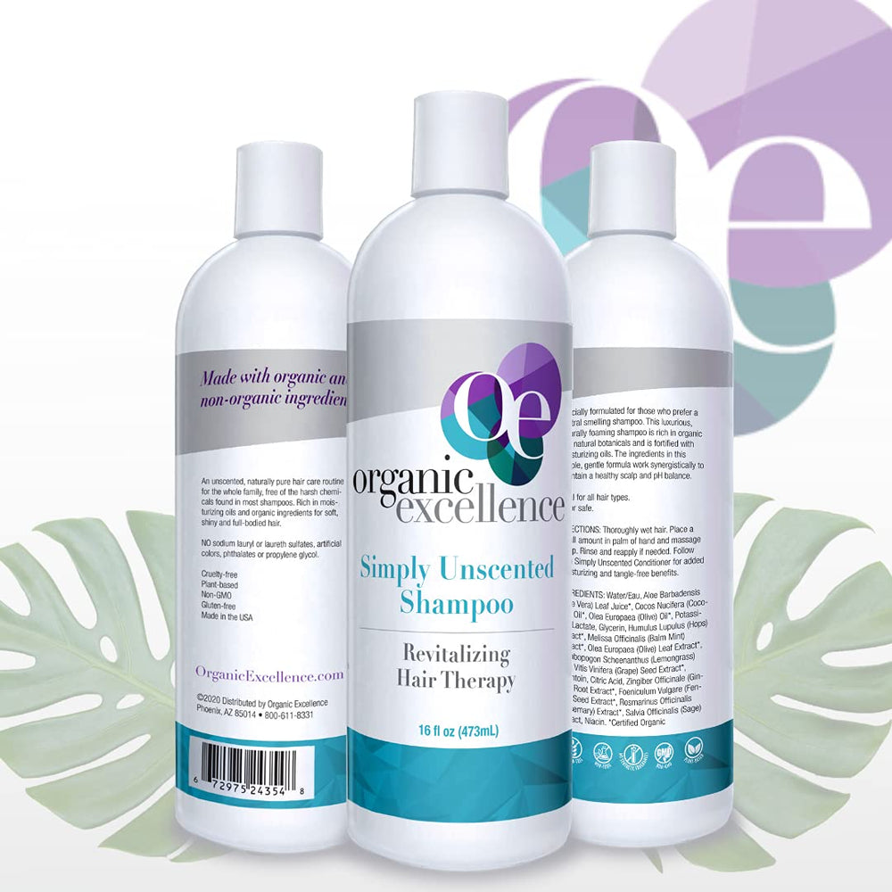 Organic Excellence all natural shampoo label—certified organic and toxin-free for every family.