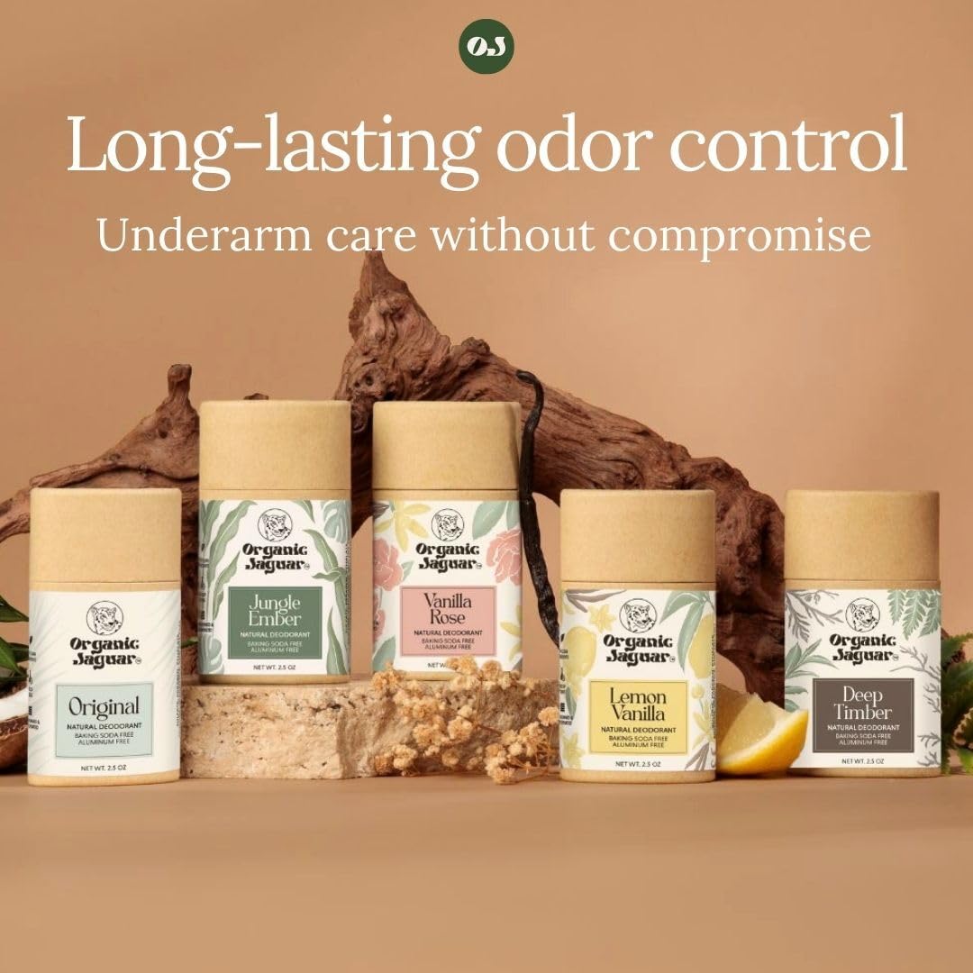 Organic Jaguar deodorant travel-size 2oz shown with essentials for on-the-go