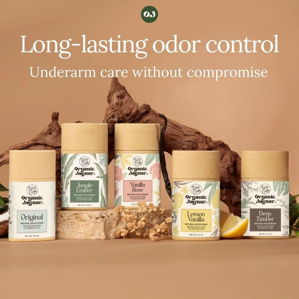 Organic Jaguar deodorant travel-size 2oz shown with essentials for on-the-go