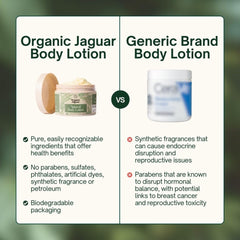 Organic Jaguar lotion bottle close-up highlighting olive oil and honey ingredients