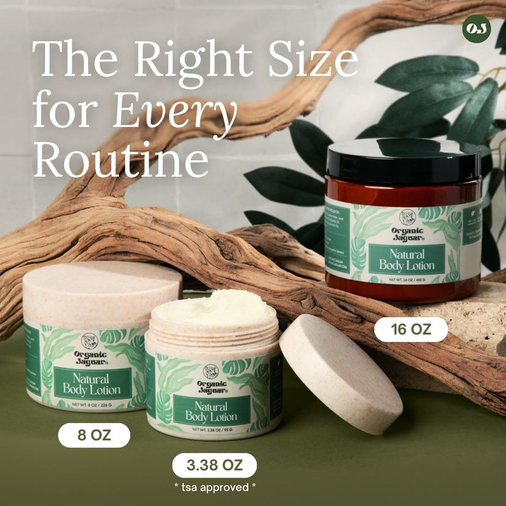 Organic Jaguar lotion applied to skin shows smooth, nourished finish.