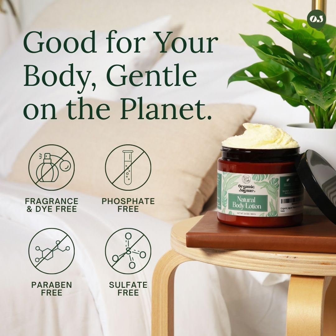 Organic Jaguar lotion jar on a vanity, suggesting a creamy texture.