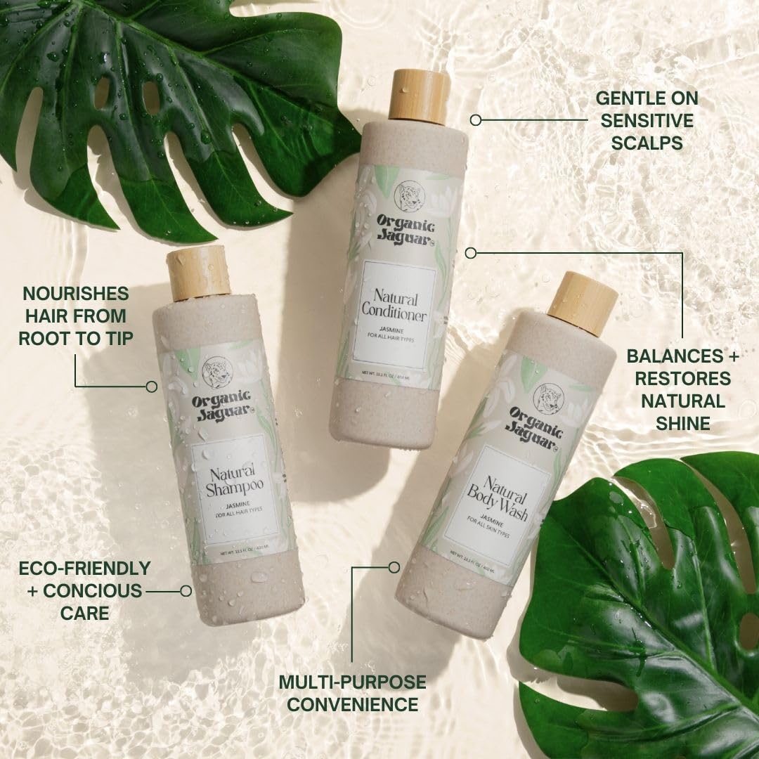 Organic Jaguar shampoo bottle on shelf for daily use on color-treated hair.