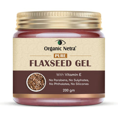Organic Netra Pure Flaxseed Gel bottle pour for hydrated, frizz-controlled hair.