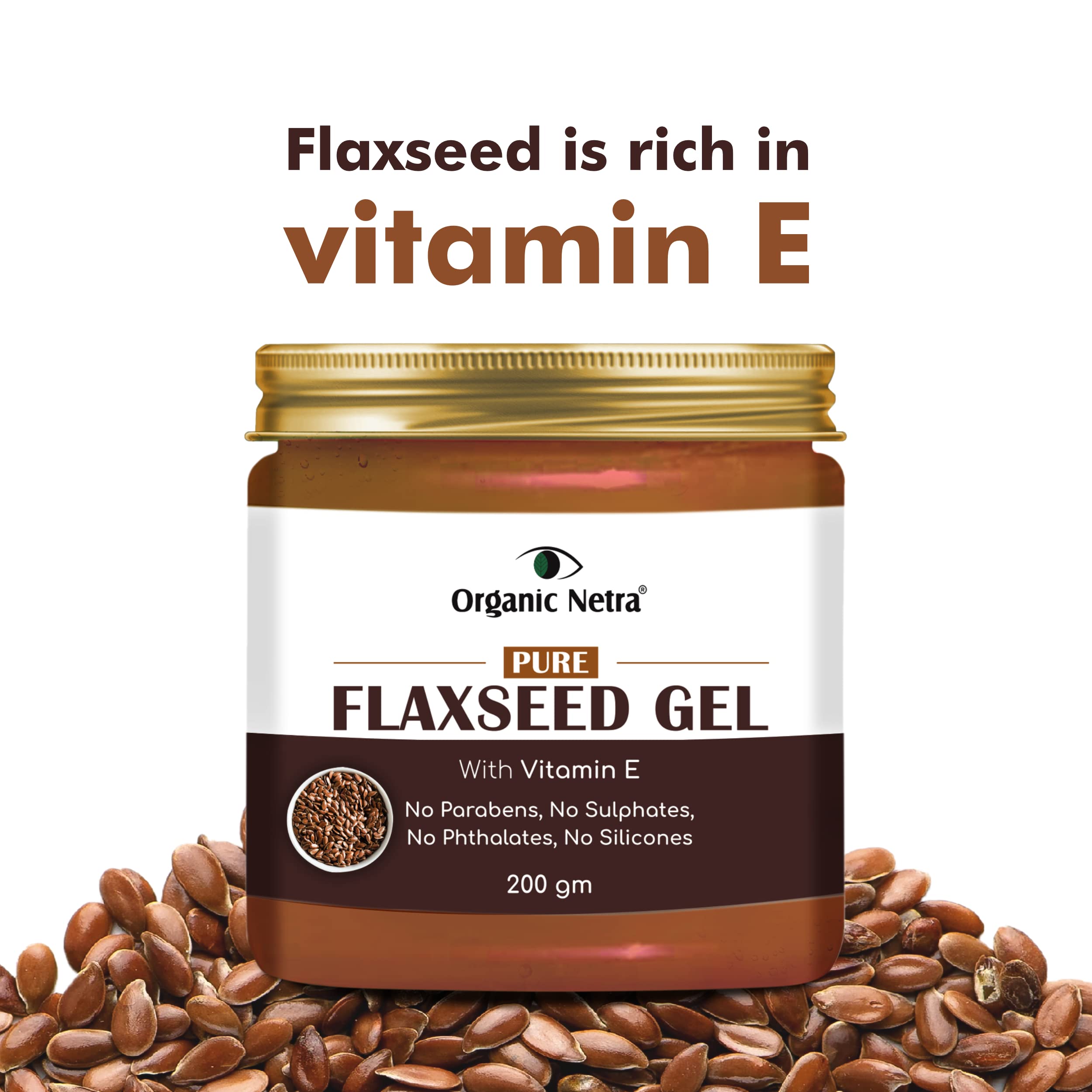 Organic Netra Pure Flaxseed Gel ingredients background shows flaxseed omega-3 and vitamin E.