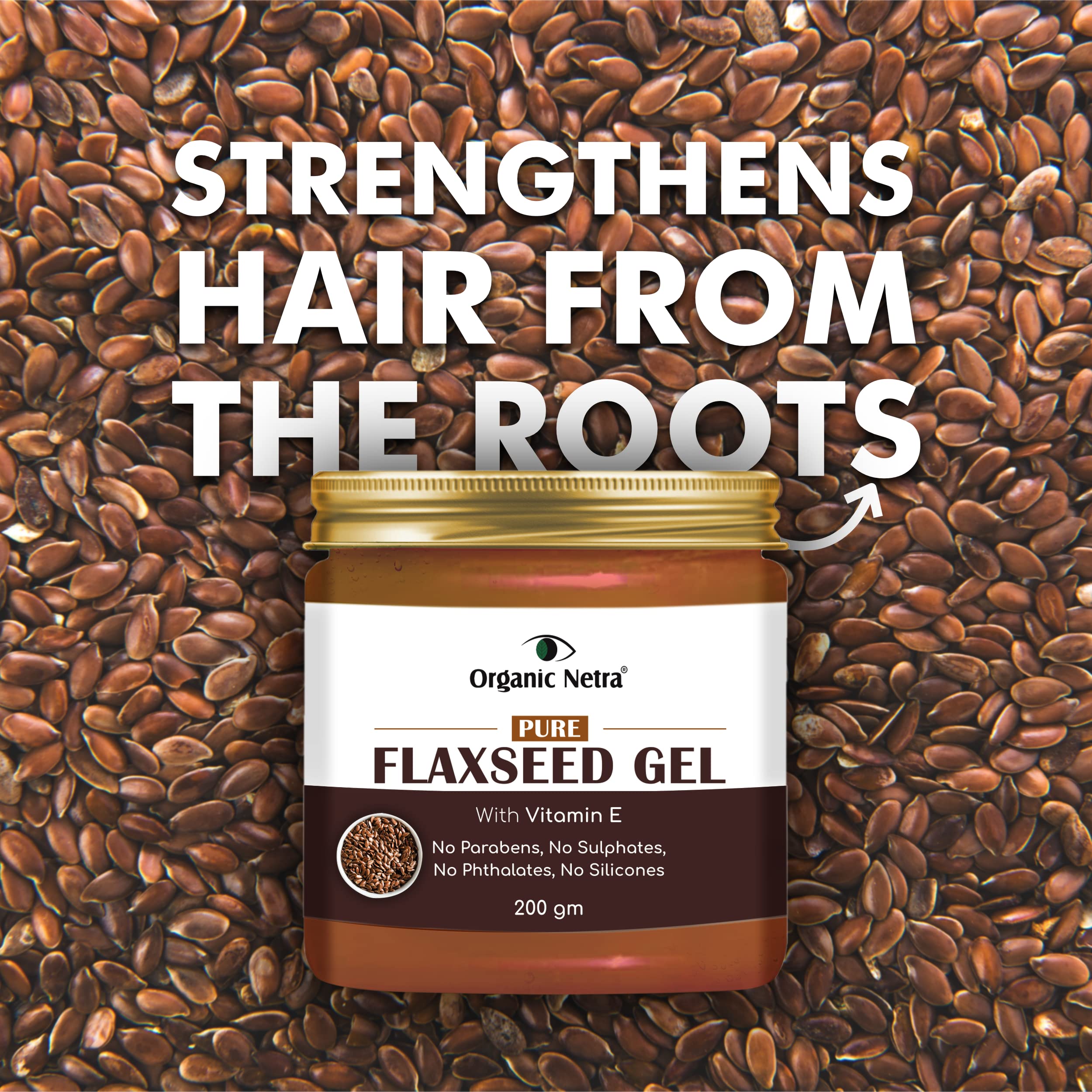 Organic Netra Pure Flaxseed Gel jar closeup highlights nourishing skin benefits.