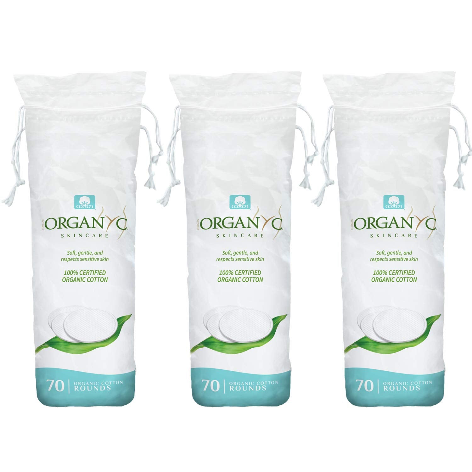 Organyc cotton rounds with soft texture for gentle makeup removal and skincare.