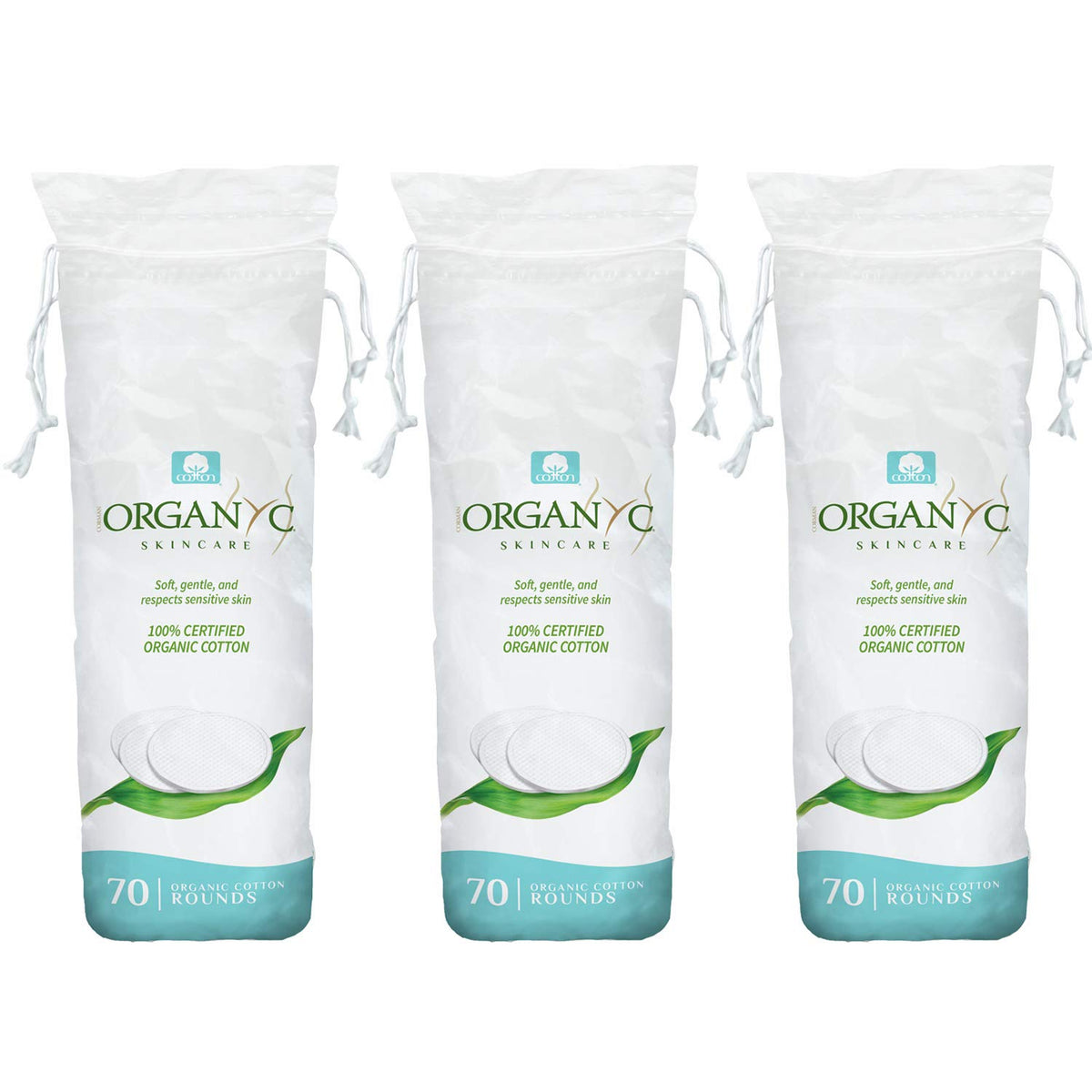 Organyc cotton rounds with soft texture for gentle makeup removal and skincare.