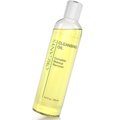 Organys cleansing oil bottle closeup demonstrates olive-oil based formula for gentle cleansing.