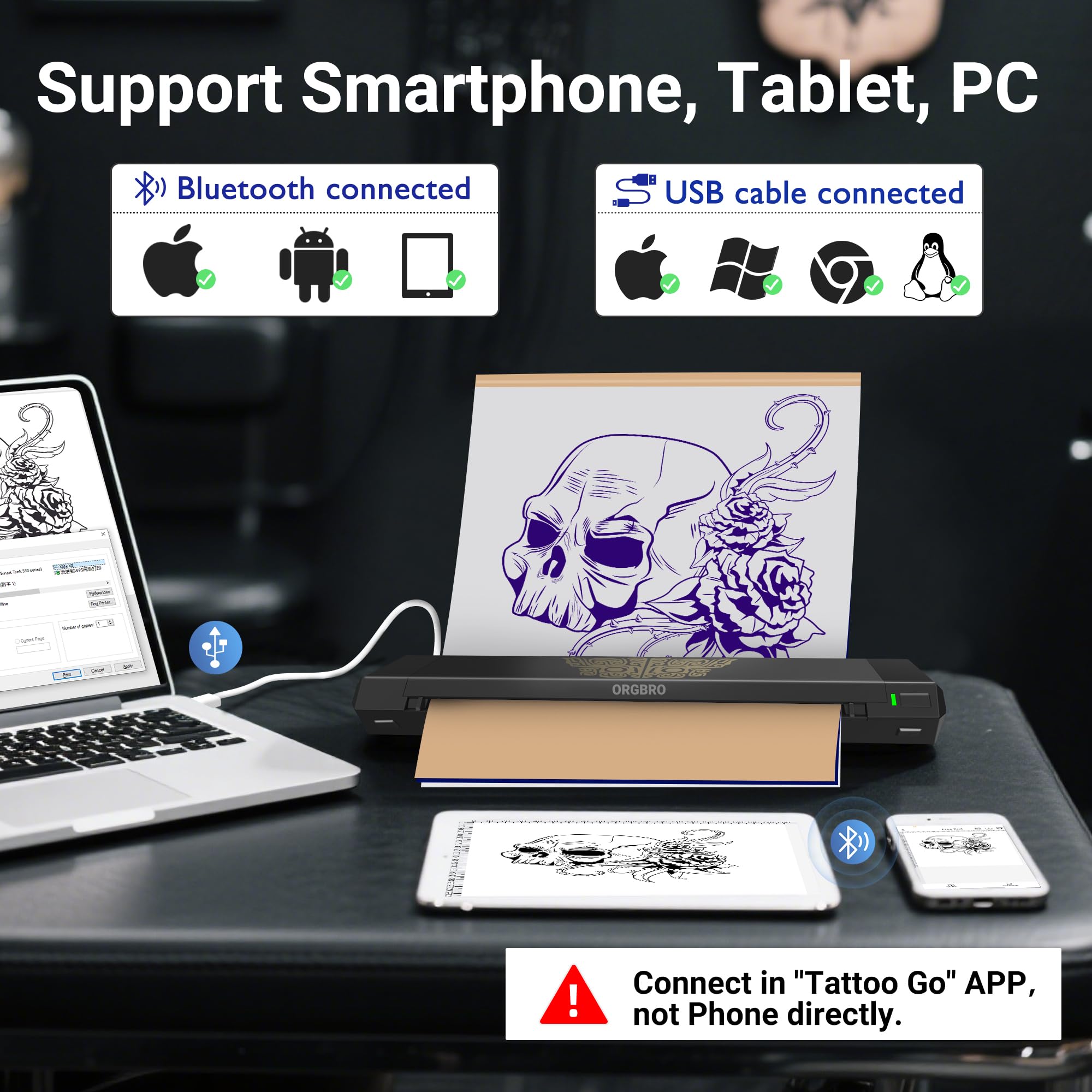 ORGBRO Tattoo Go app interface enables quick editing and batch printing.