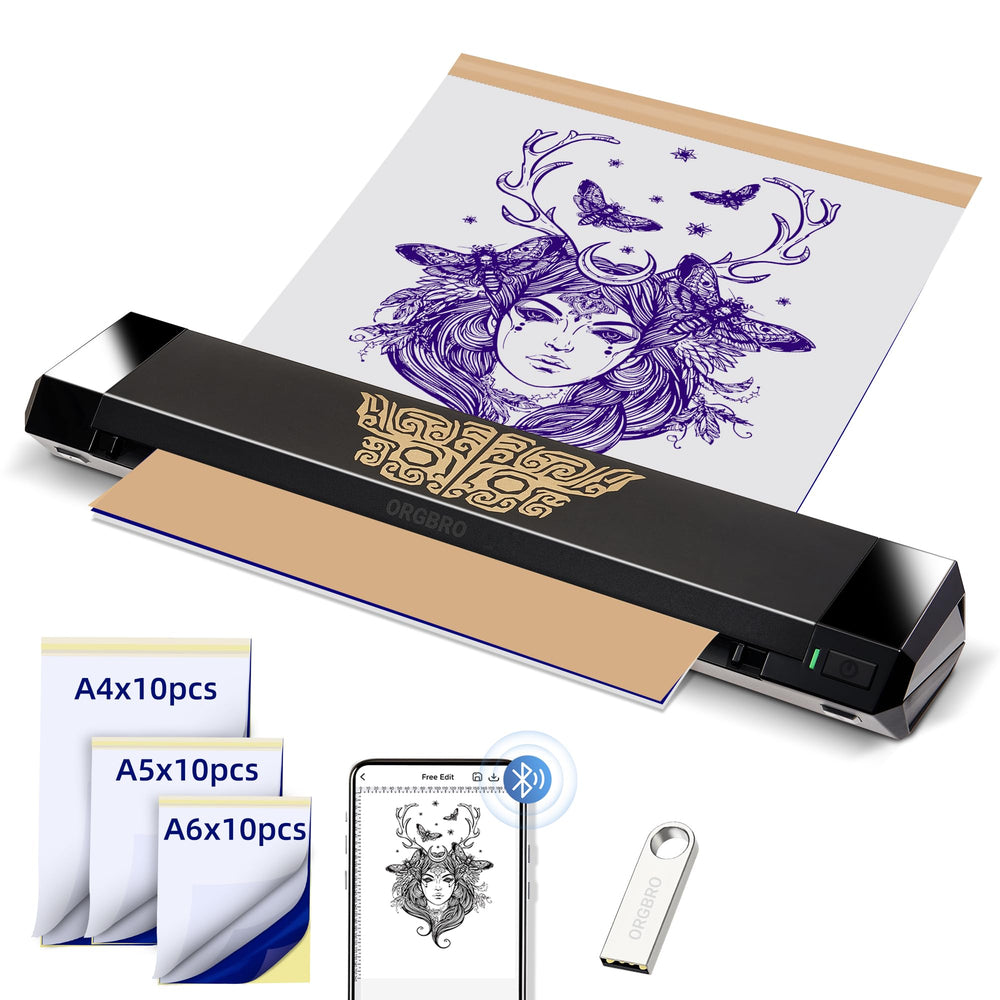 ORGBRO tattoo stencil printer front view, compact design for on-the-go studios.