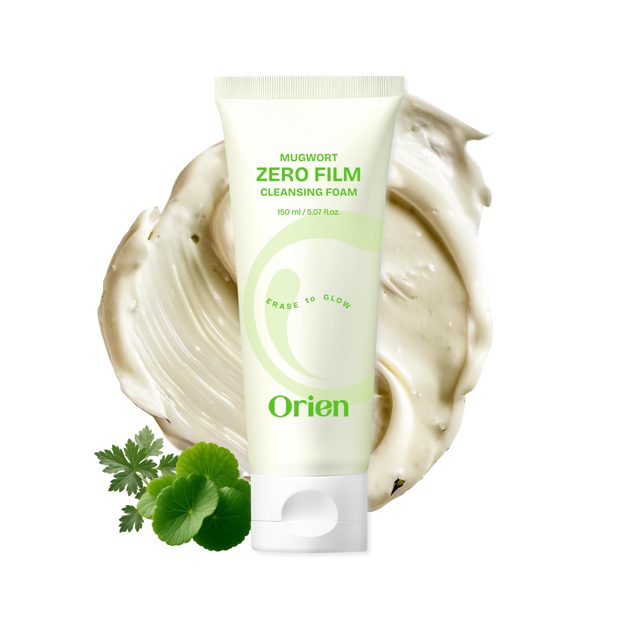 Orien Mugwort Zero Film Cleansing Foam bottle display showing gentle cleansing for all skin types