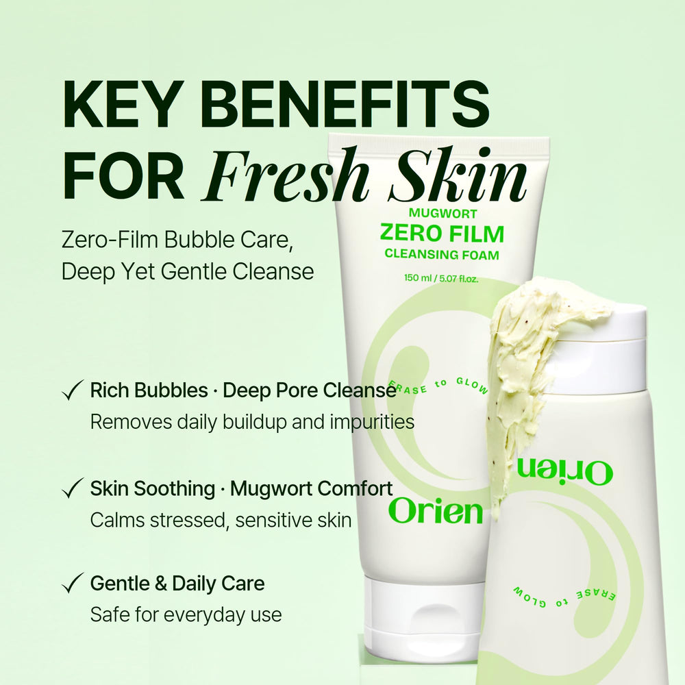 Orien Mugwort Zero Film Cleansing Foam closeup on mugwort with soothing extracts