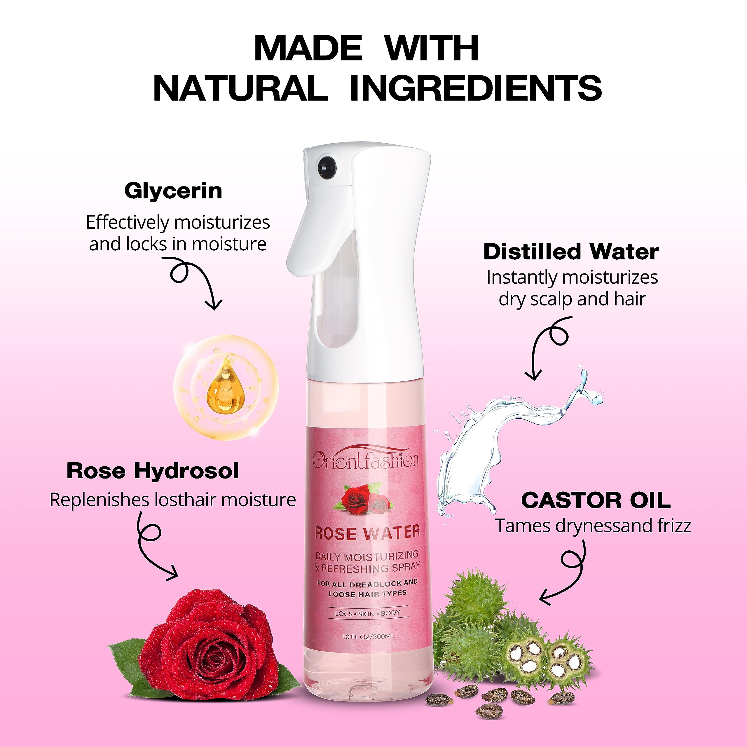 Orientfashion Castor Oil and Rose Water closeup emphasizes nourishing ingredients for strong, flexible locs