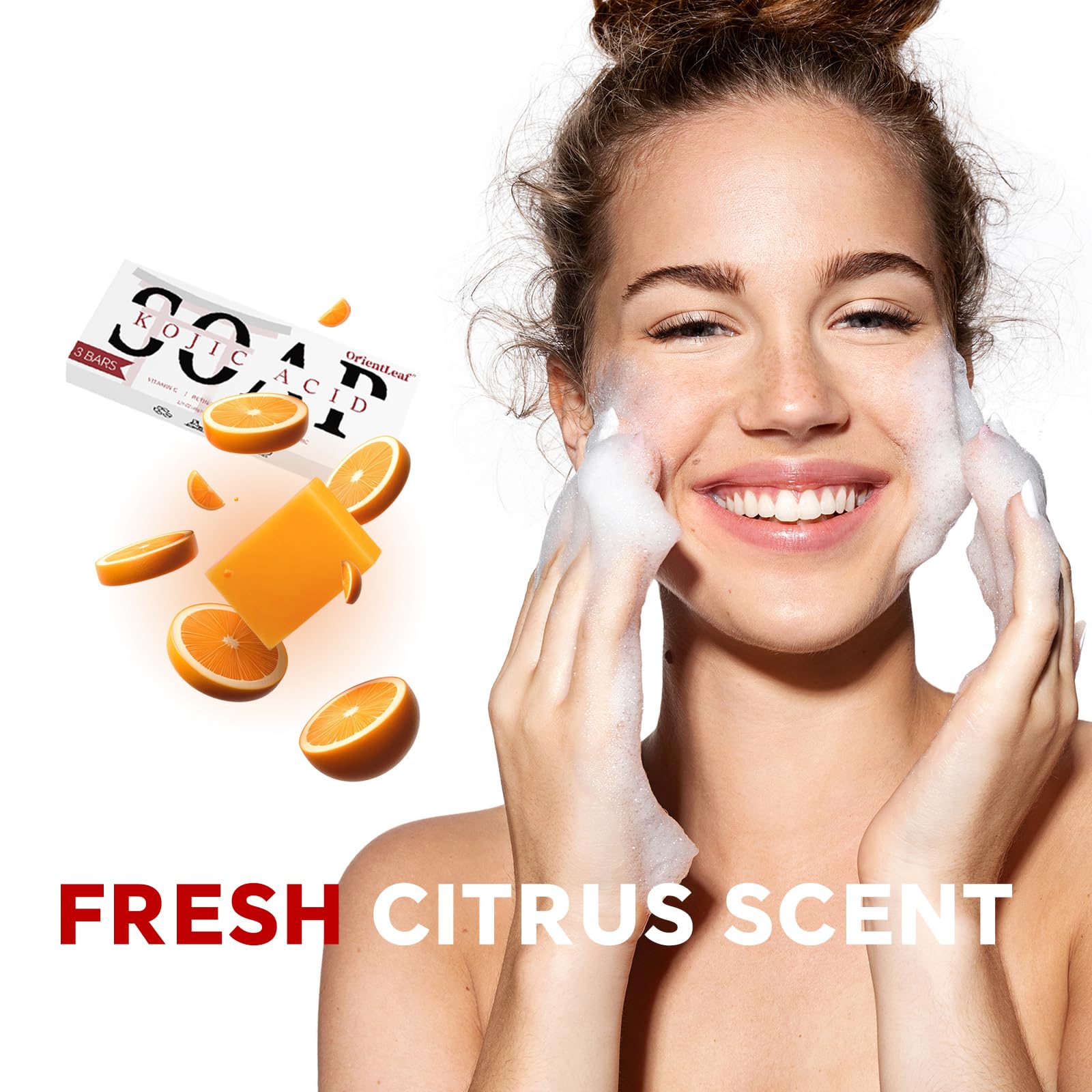 ORIENTLEAF soap in use washing face illustrating gentle brightening cleanse
