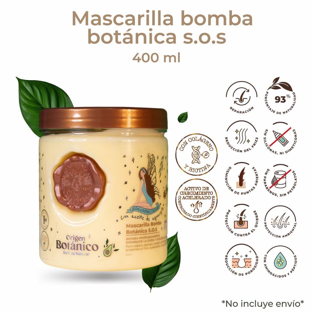 Origen Botánico S.O.S. Bomb Mask jar visible texture for frizz control and growth.